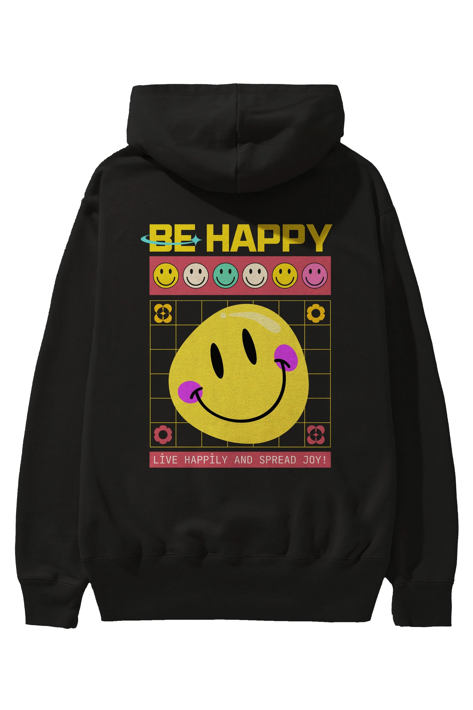 Be Happy Yazılı Arka Baskılı Oversize Hoodie Kapüşonlu Sweatshirt Erkek Kadın Unisex