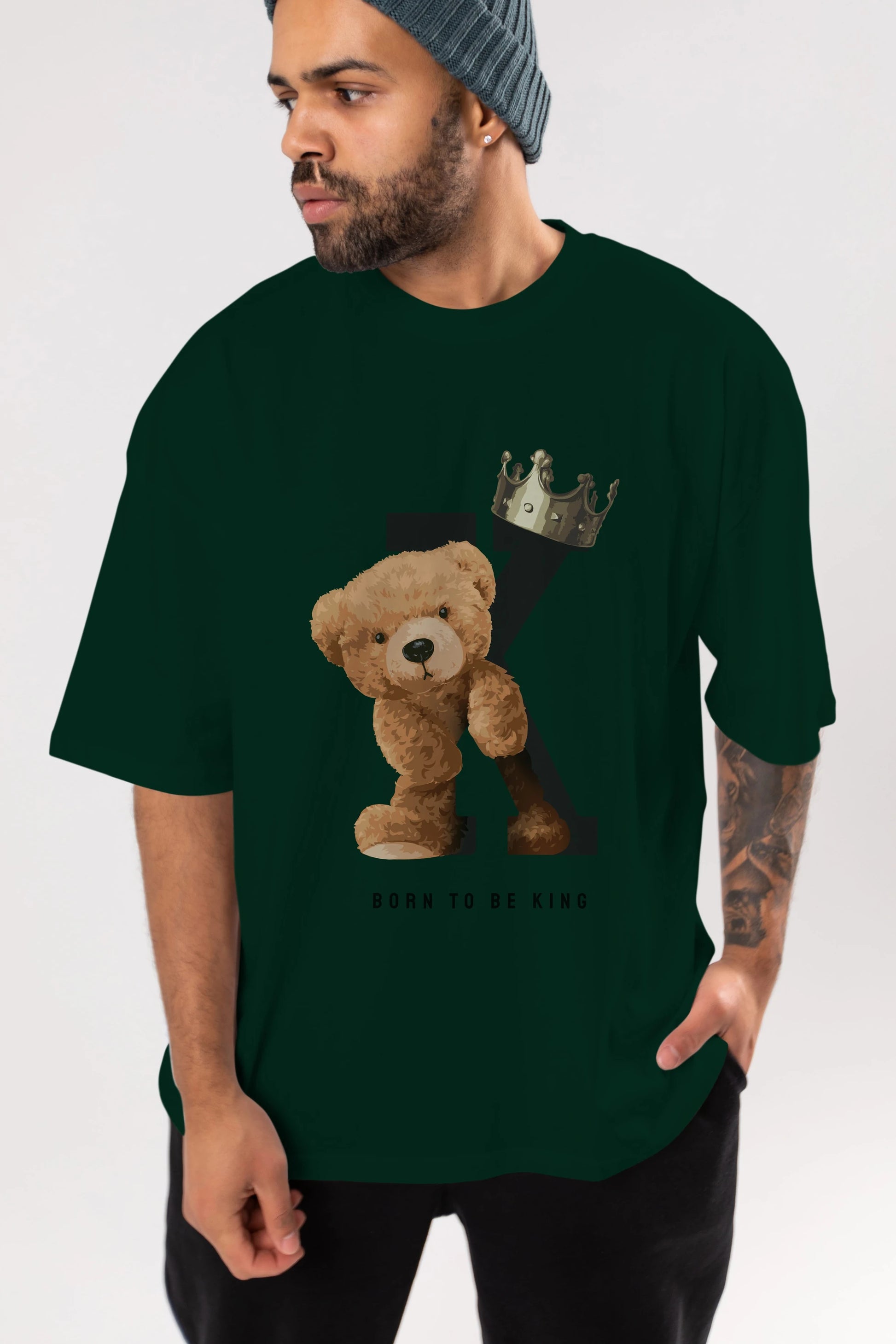 Teddy Bear Born To Be King Ön Baskılı Oversize t-shirt Erkek Kadın Unisex %100 Pamuk