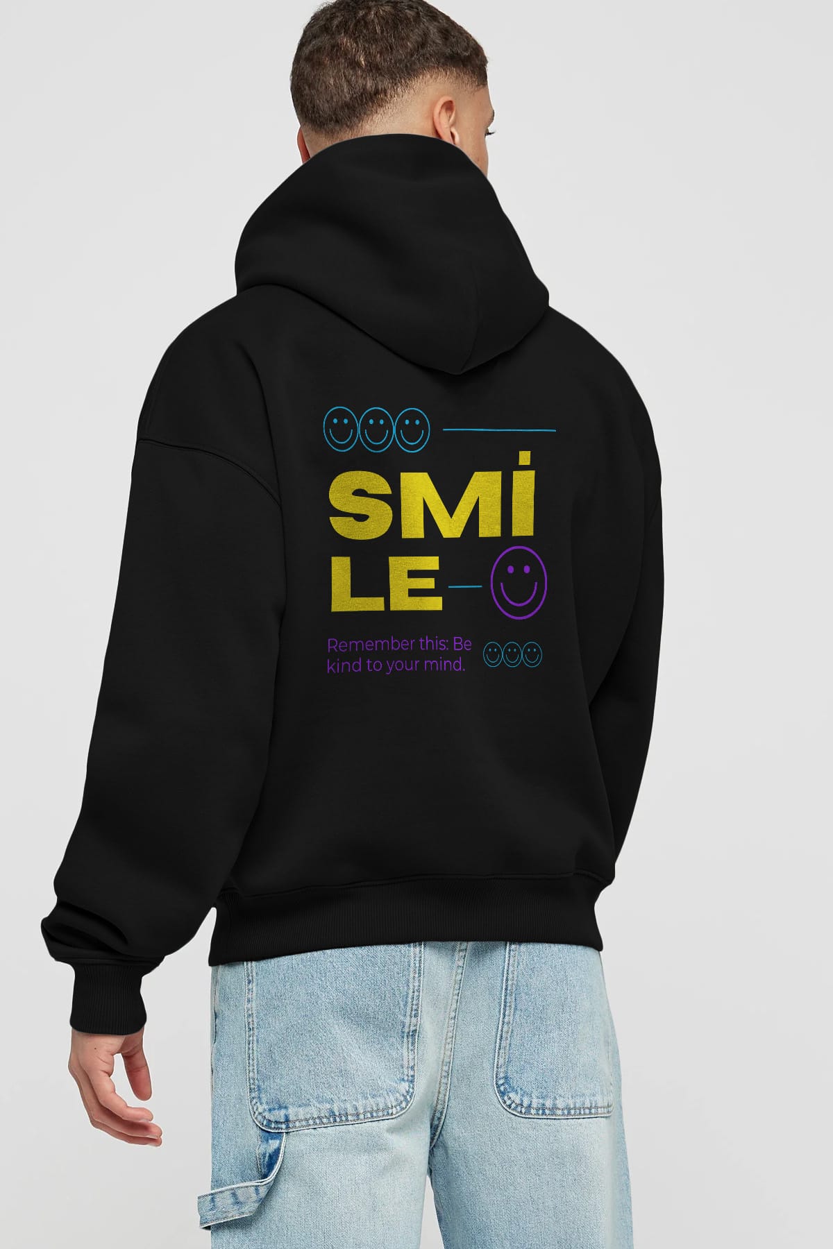 Smile Yazılı 2 Arka Baskılı Oversize Hoodie Kapüşonlu Sweatshirt Erkek Kadın Unisex