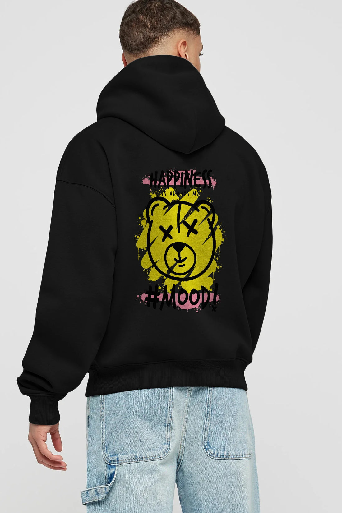 Happiness Mood Bear Arka Baskılı Hoodie Oversize Kapüşonlu Sweatshirt Erkek Kadın Unisex