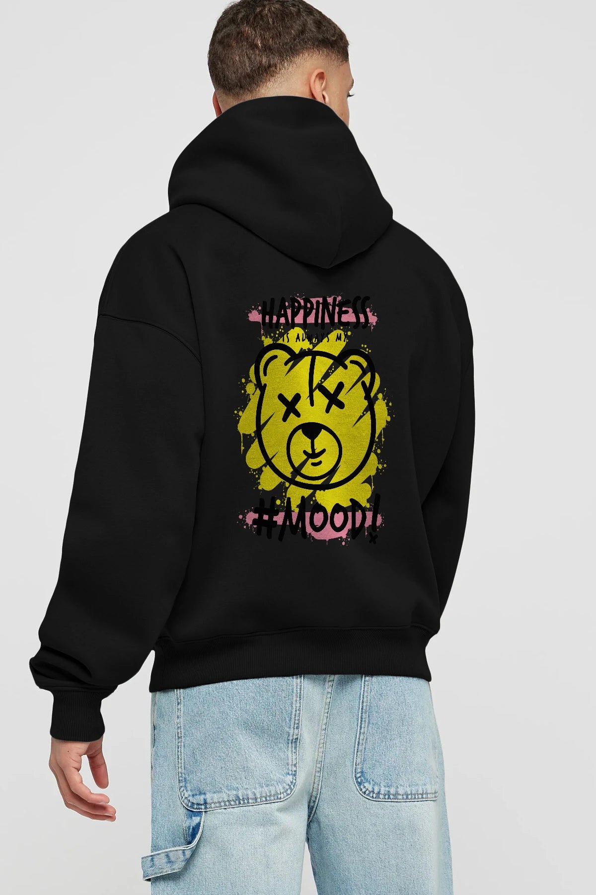 Happiness Mood Bear Arka Baskılı Hoodie Oversize Kapüşonlu Sweatshirt Erkek Kadın Unisex