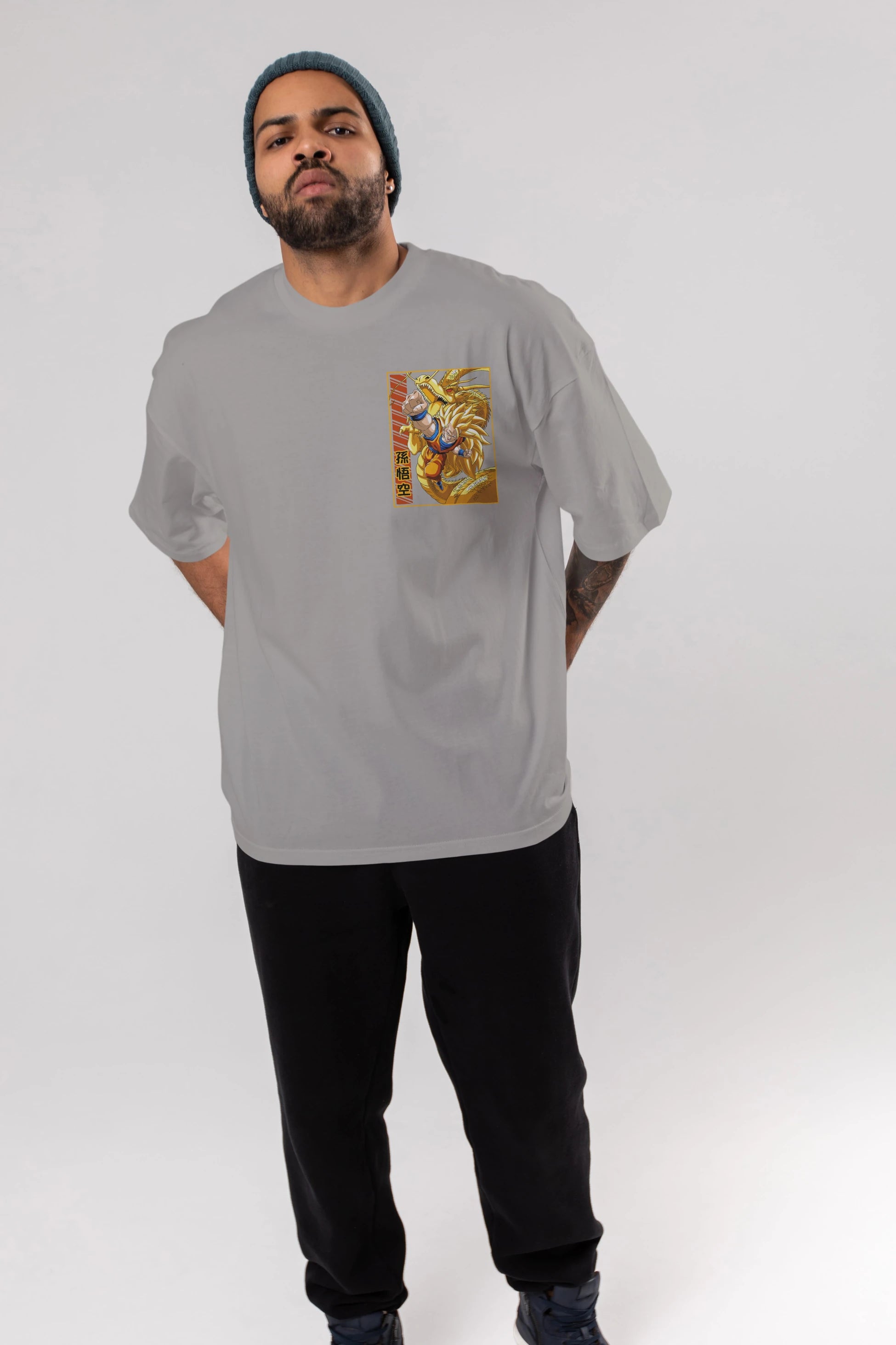 DragonBall Goku Ön Sol Baskılı Oversize t-shirt Erkek Kadın Unisex %100 Pamuk Bisiklet Yaka tişort