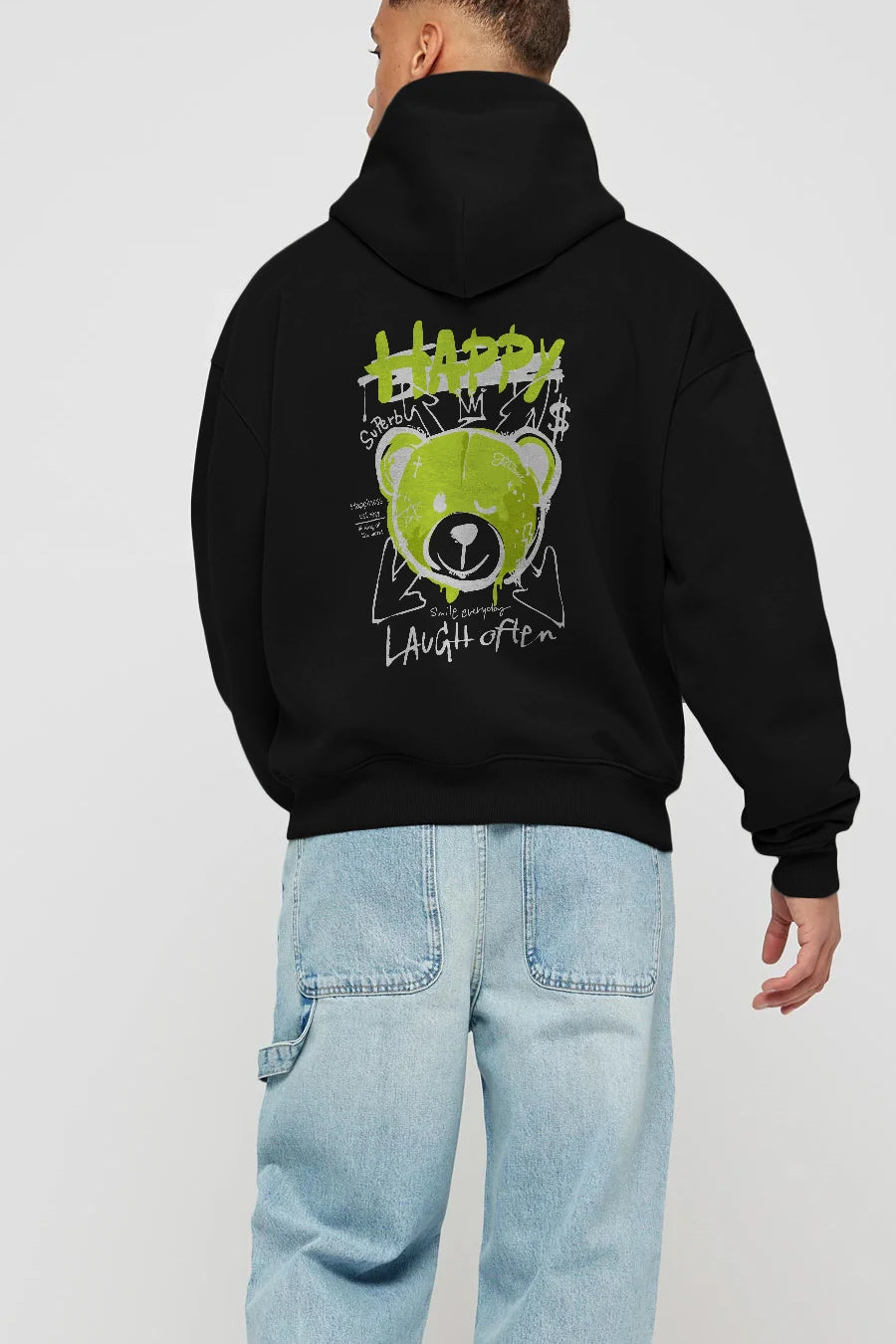 Happy Bear Arka Baskılı Hoodie Oversize Kapüşonlu Sweatshirt Erkek Kadın Unisex