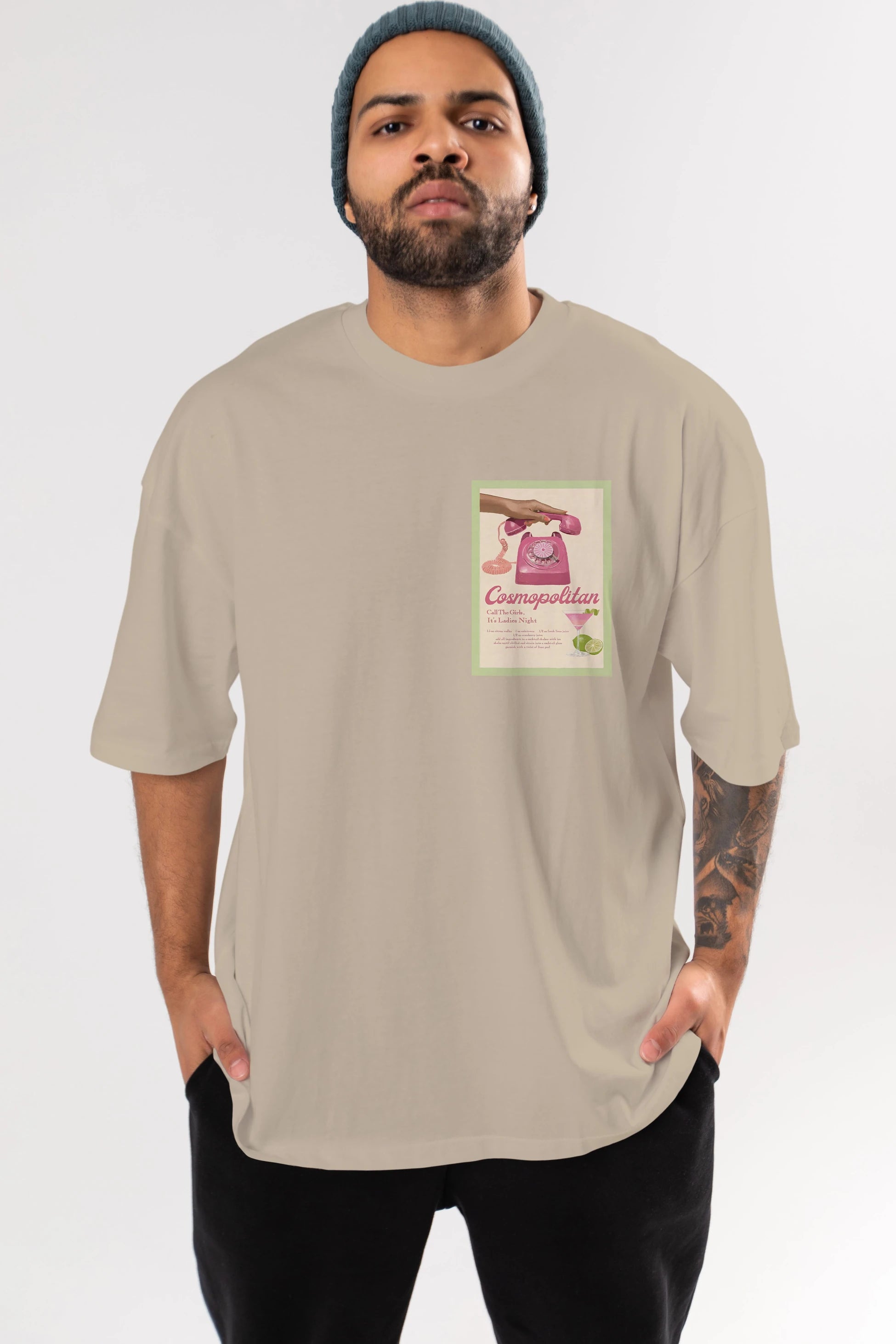 Cosmopolitan 5 Ön Sol Baskılı Oversize t-shirt Erkek Kadın Unisex %100 Pamuk Bisiklet Yaka tişort