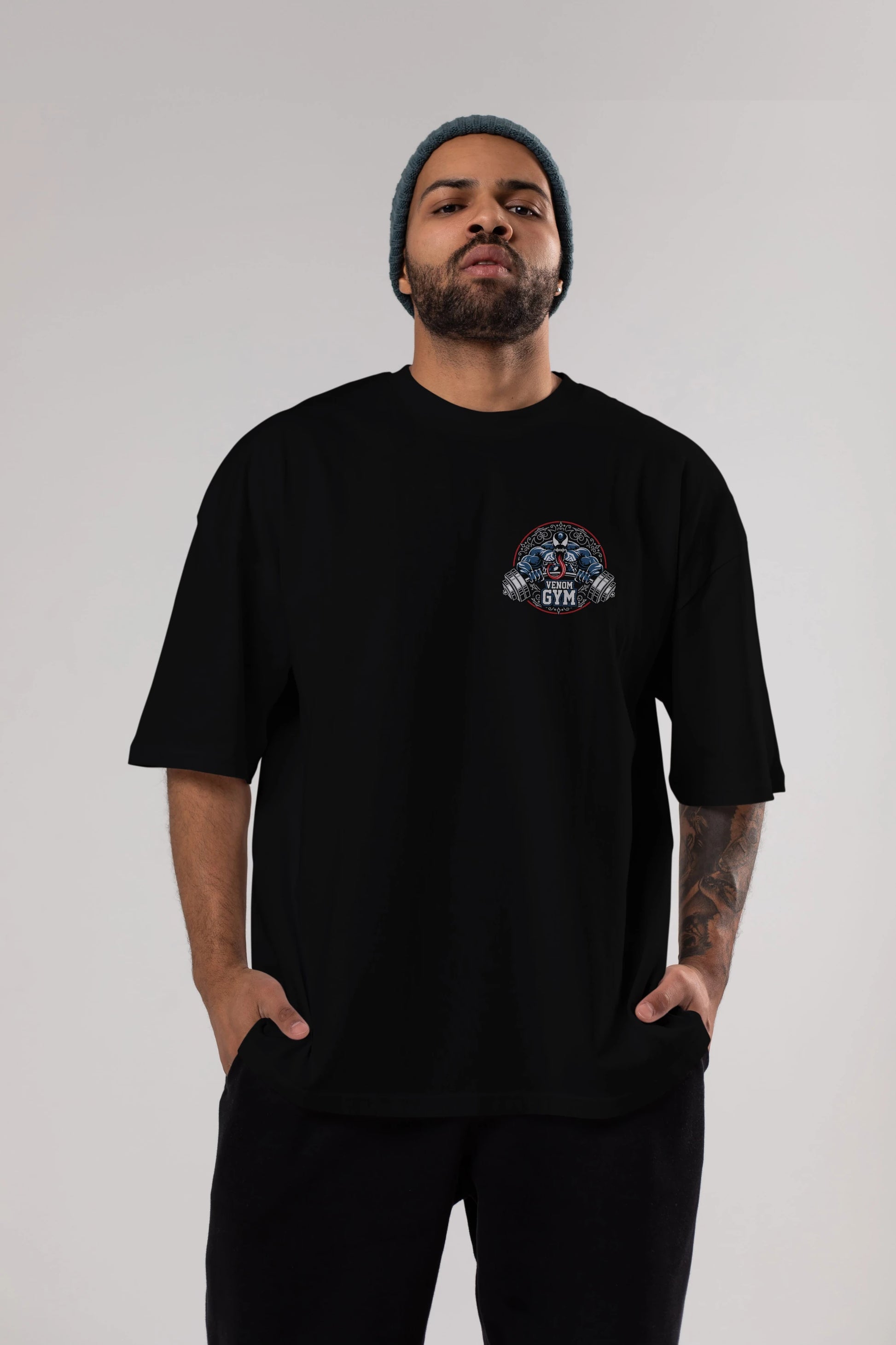 Venom GYM Ön Sol Baskılı Oversize t-shirt Erkek Kadın Unisex %100 Pamuk Bisiklet Yaka tişort