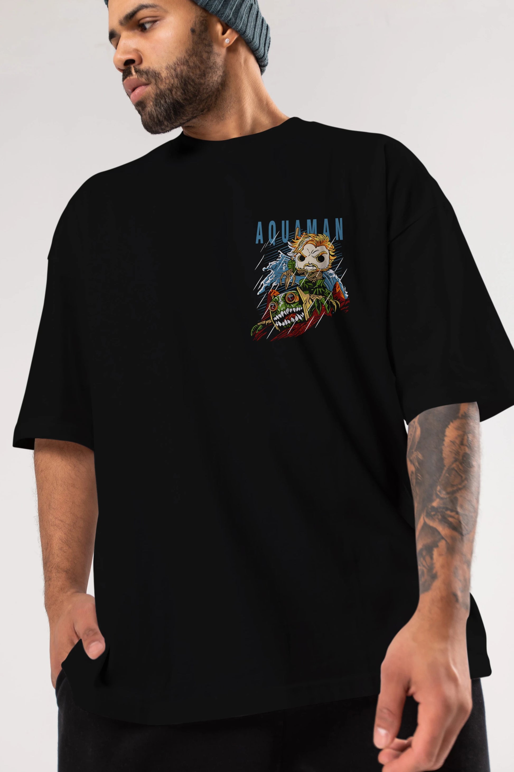 Aquaman Ön Sol Baskılı Oversize t-shirt Erkek Kadın Unisex %100 Pamuk Bisiklet Yaka tişort