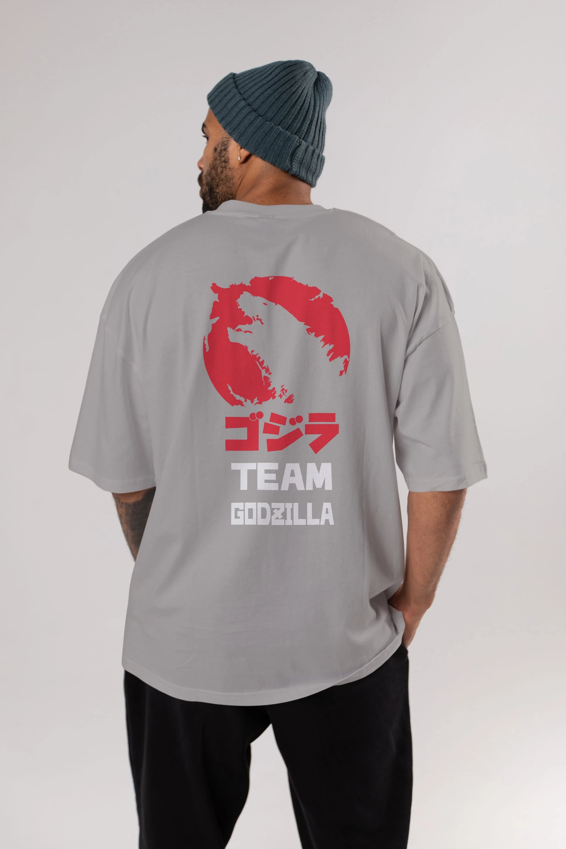 Team Godzilla Arka Baskılı Oversize t-shirt Erkek Kadın Unisex %100 Pamuk Bisiklet Yaka tişort
