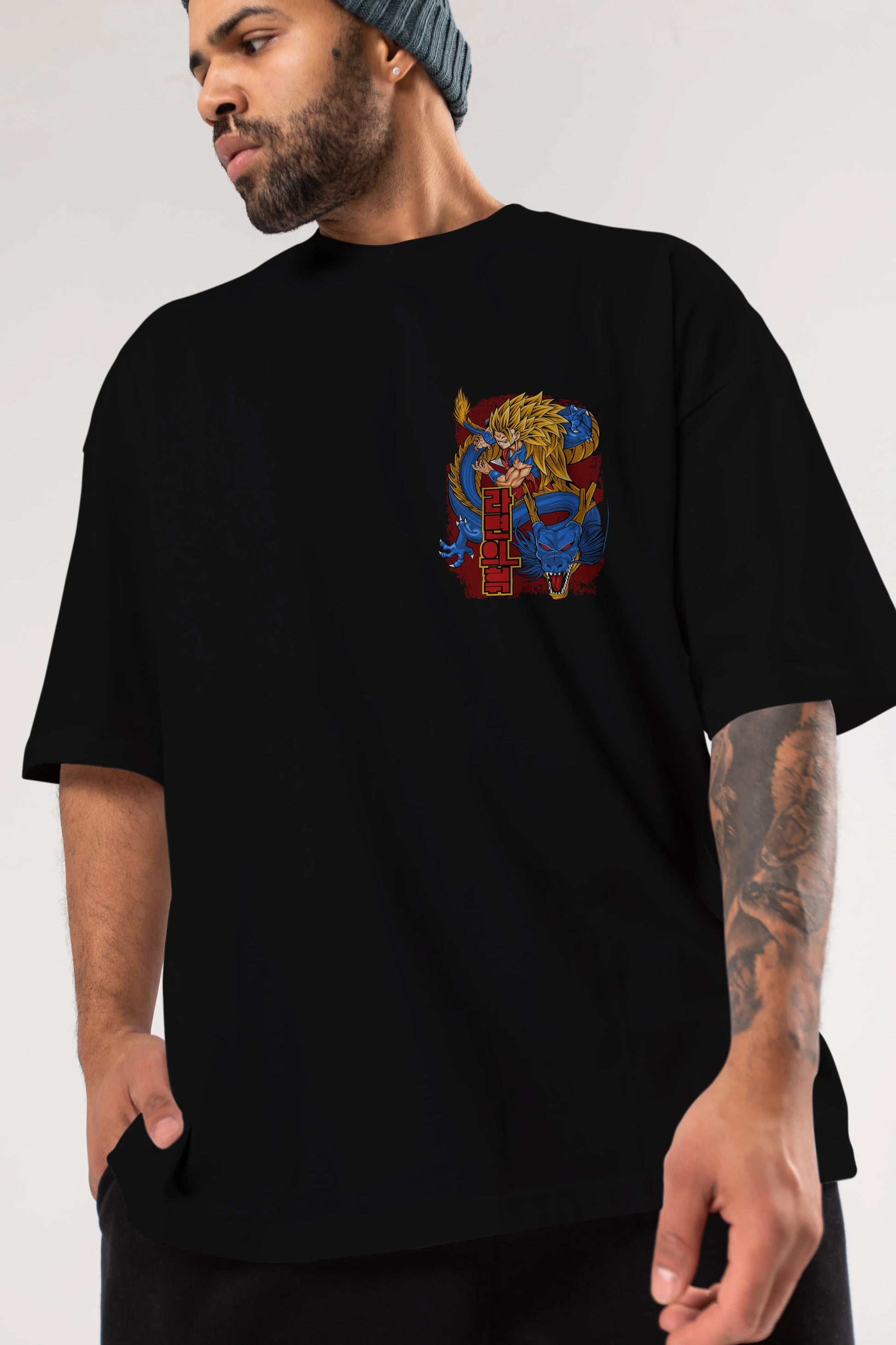DRAGON BALL Z Ön Sol Baskılı Oversize t-shirt Erkek Kadın Unisex %100 Pamuk Bisiklet Yaka tişort