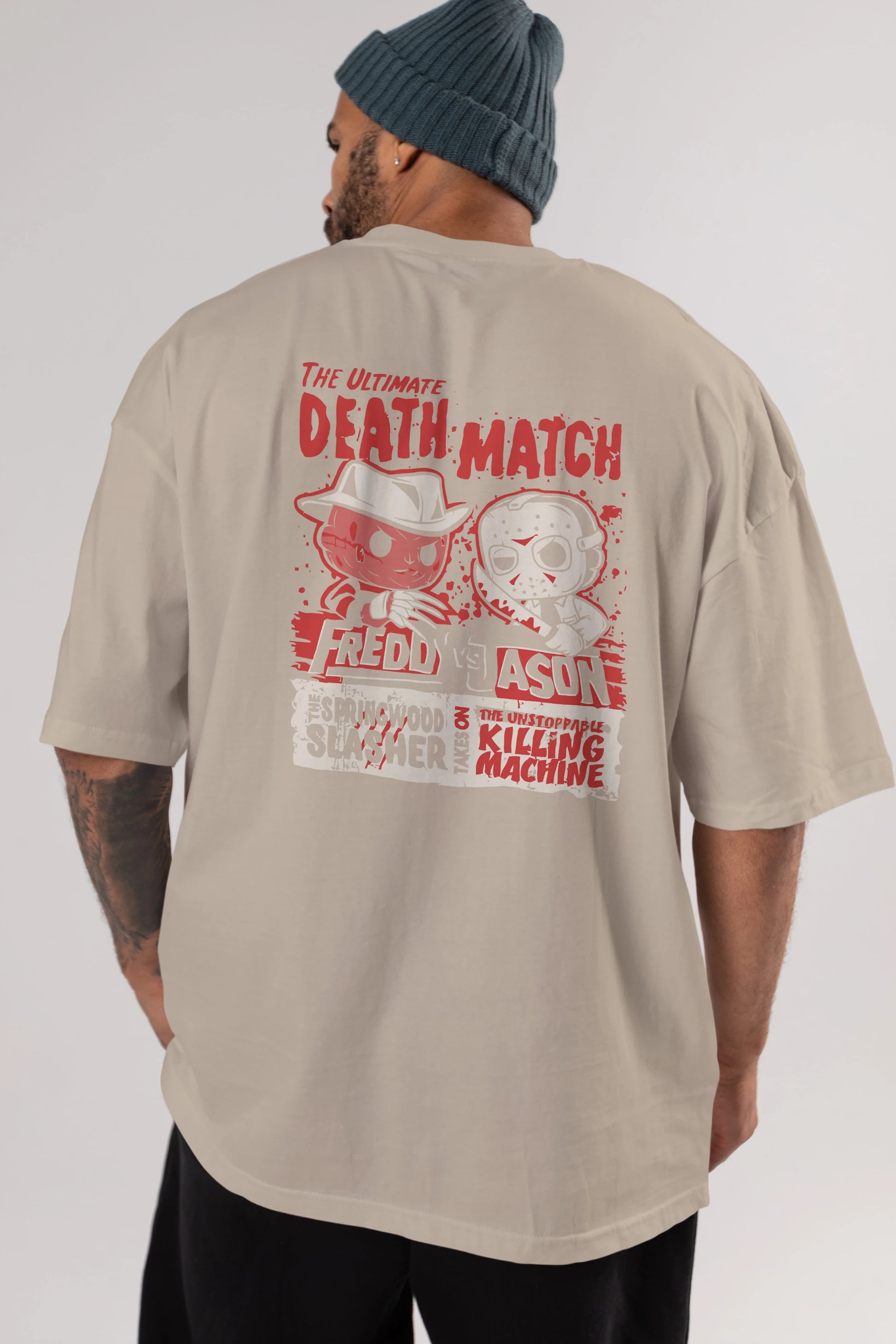 Freddy vs Jason Arka Baskılı Oversize t-shirt Erkek Kadın Unisex %100 Pamuk Bisiklet Yaka tişort