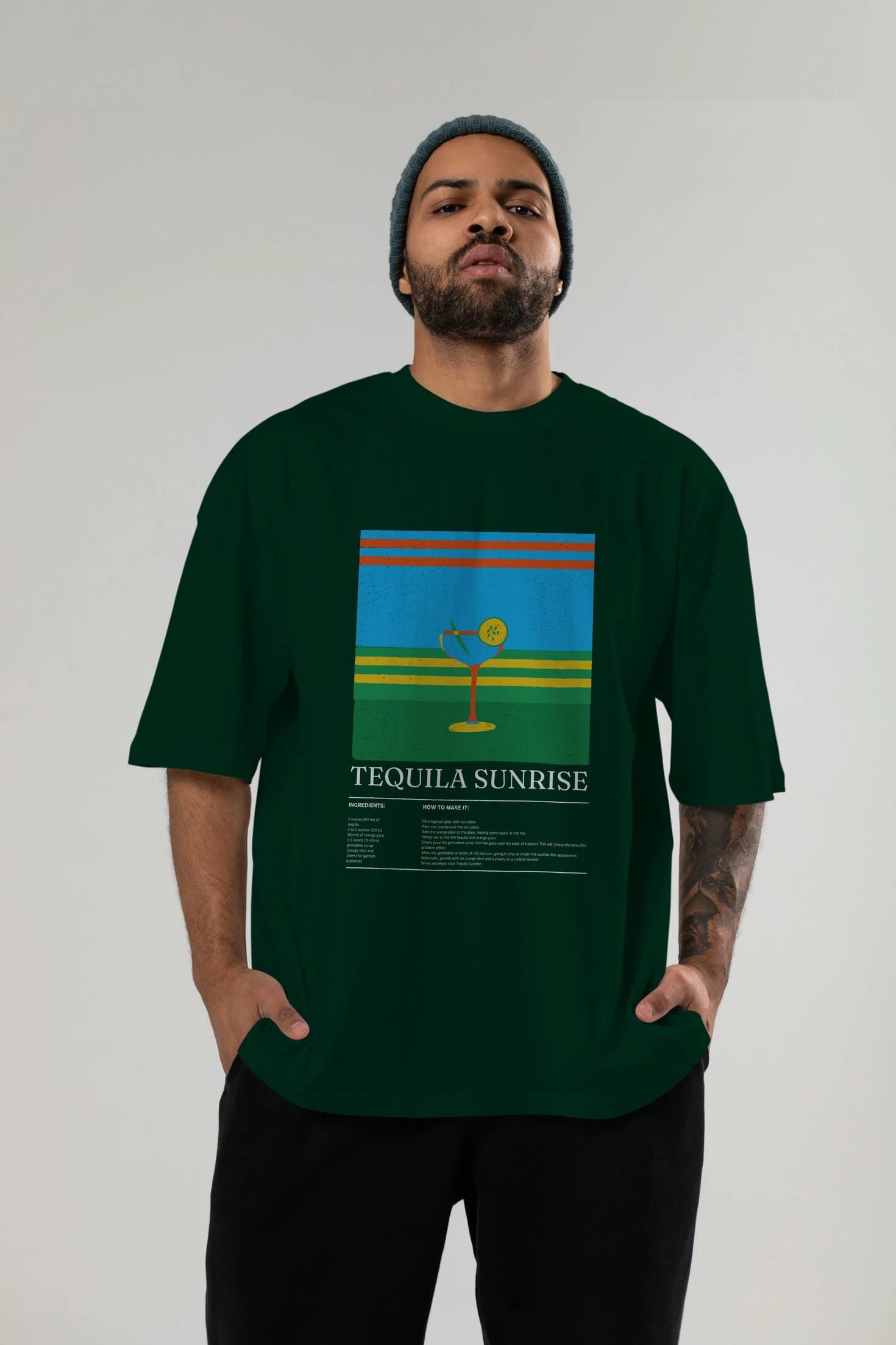 Tequila Sunrise Kokteyl Ön Baskılı Oversize t-shirt Erkek Kadın %100 Pamuk Bisiklet Yaka tişort