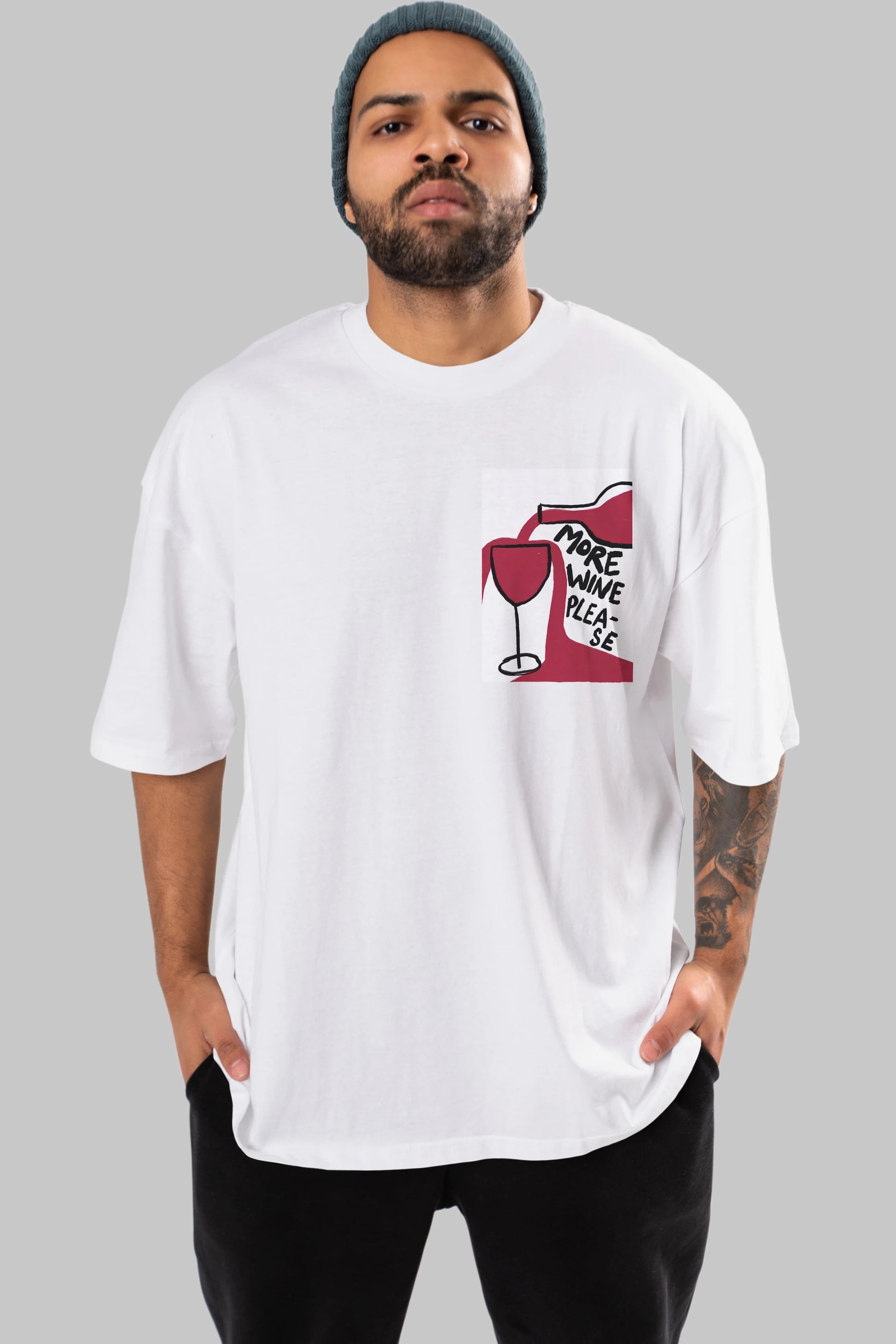 More Wine Please Ön Sol Baskılı Oversize t-shirt Erkek Kadın Unisex %100 Pamuk Bisiklet Yaka tişort