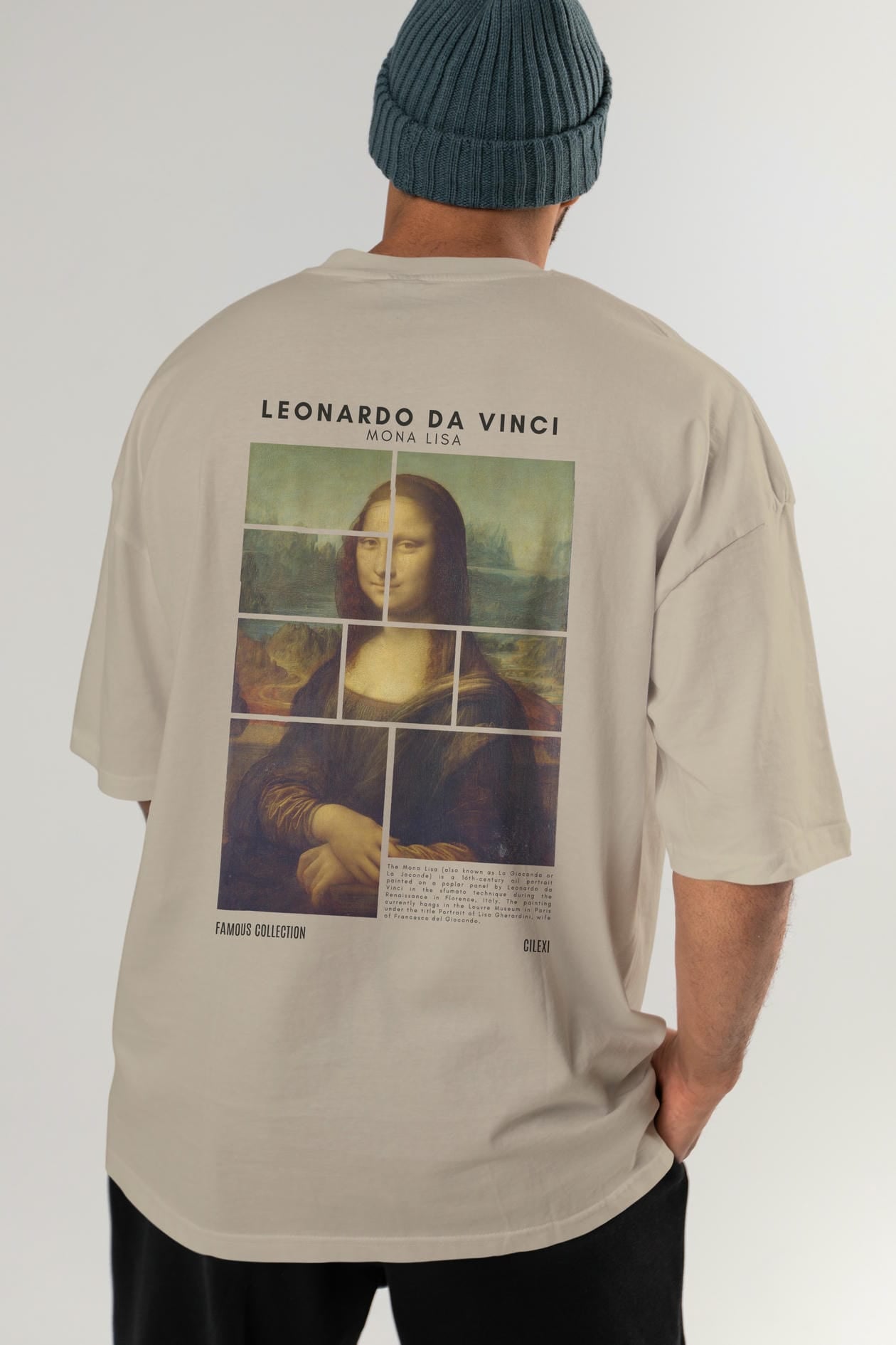 Leonardo Da Vinci Mona Lisa Arka Baskılı Oversize t-shirt Erkek Kadın Bisiklet Yaka Pamuk tişort