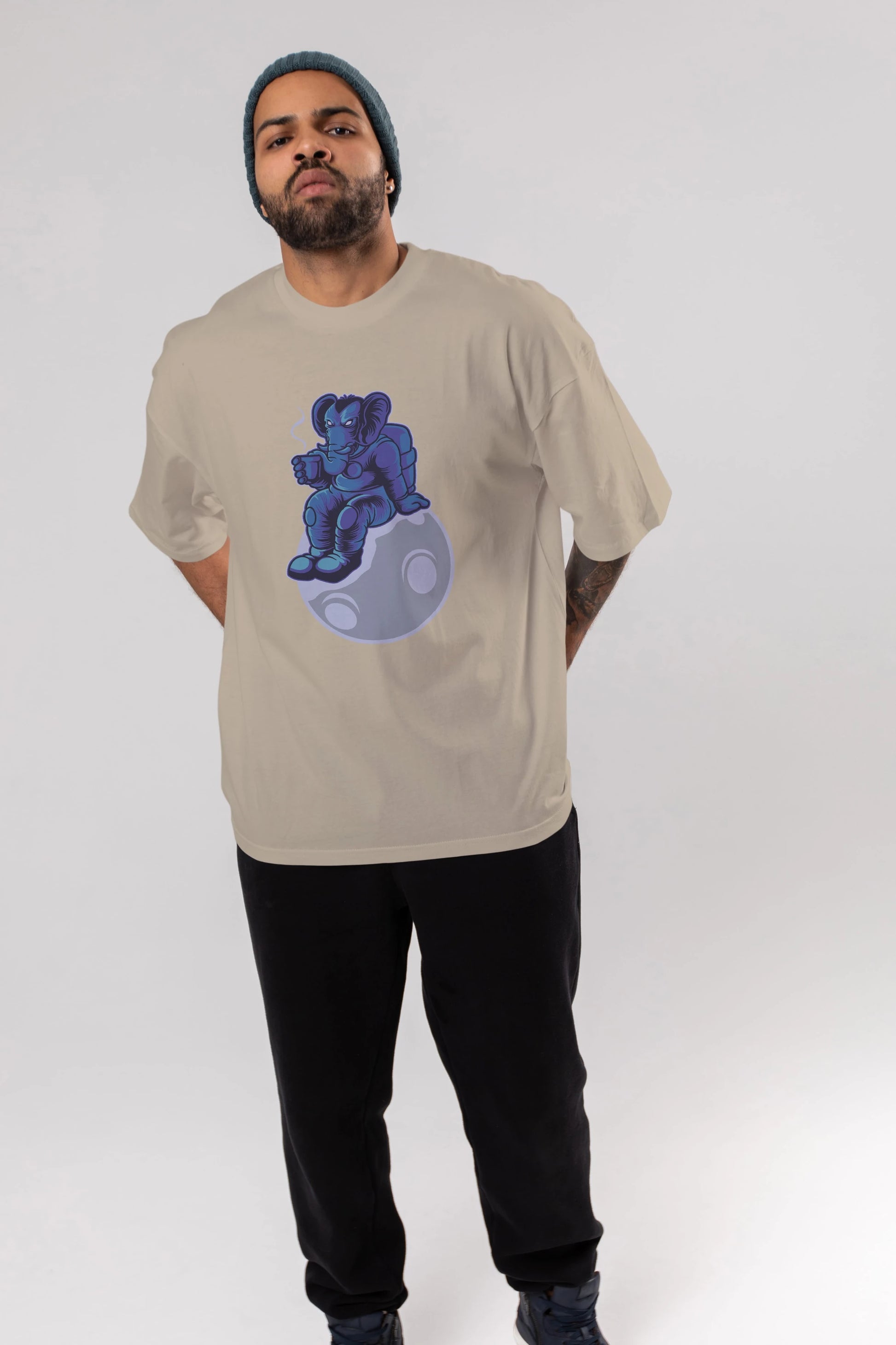 Space Elephant Drink Coffee Ön Baskılı Oversize t-shirt Erkek Kadın Unisex
