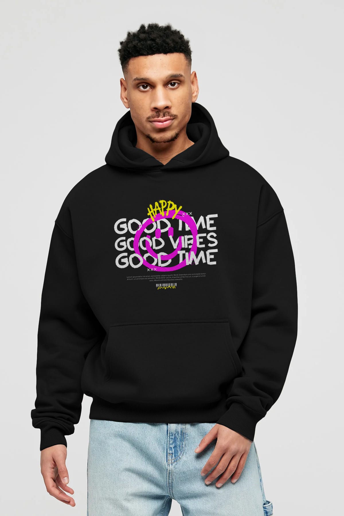 Happy Good Time Yazılı Ön Baskılı Oversize Hoodie Kapüşonlu Sweatshirt Erkek Kadın Unisex
