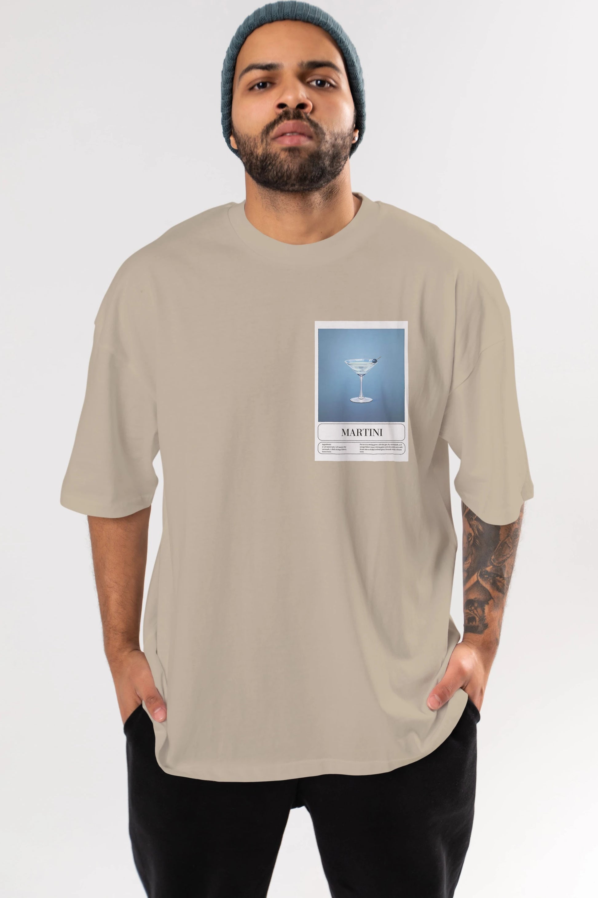 Martini Ön Sol Baskılı Oversize t-shirt Erkek Kadın Unisex %100 Pamuk Bisiklet Yaka tişort