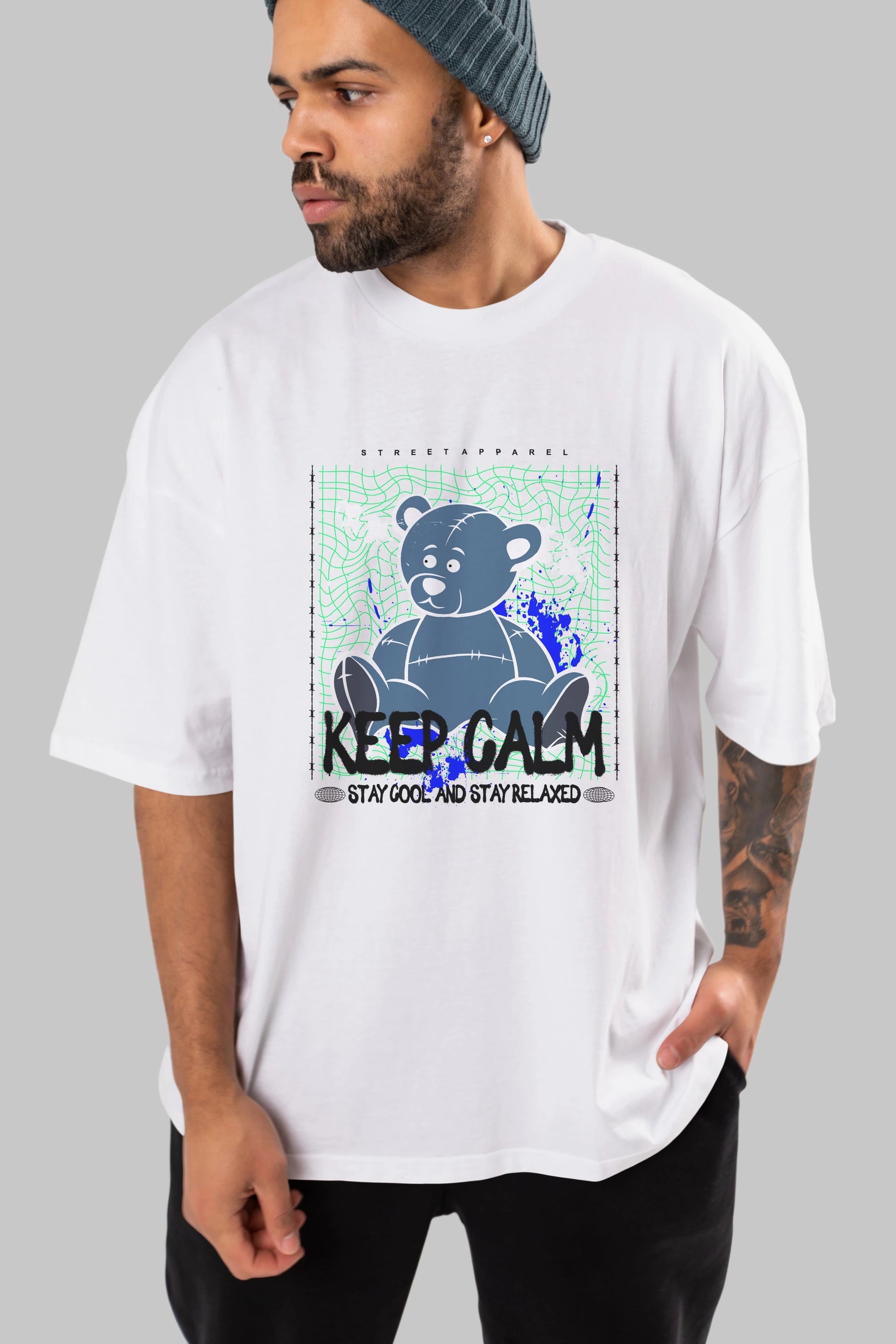Keep Calm Bear Ön Baskılı Oversize t-shirt Erkek Kadın Unisex