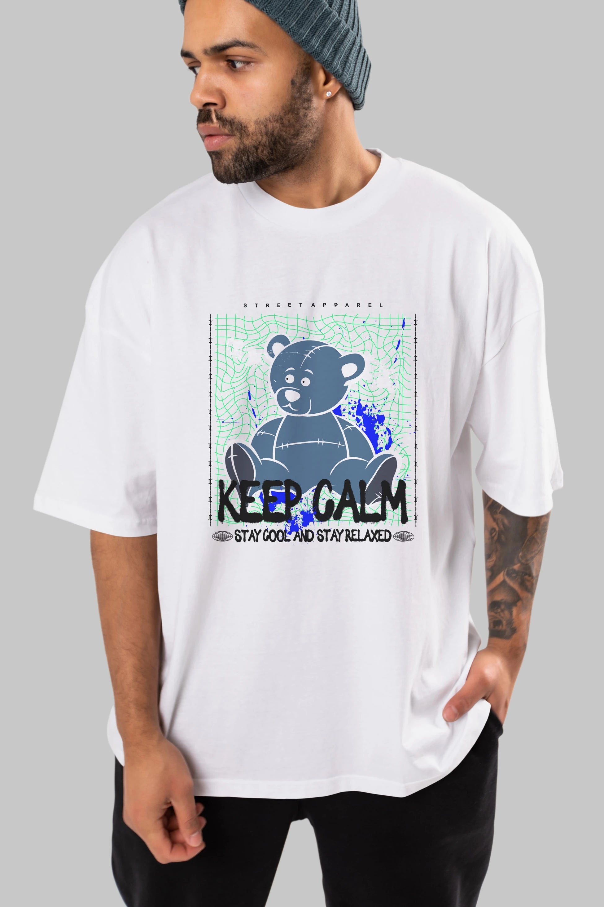 Keep Calm Bear Ön Baskılı Oversize t-shirt Erkek Kadın Unisex