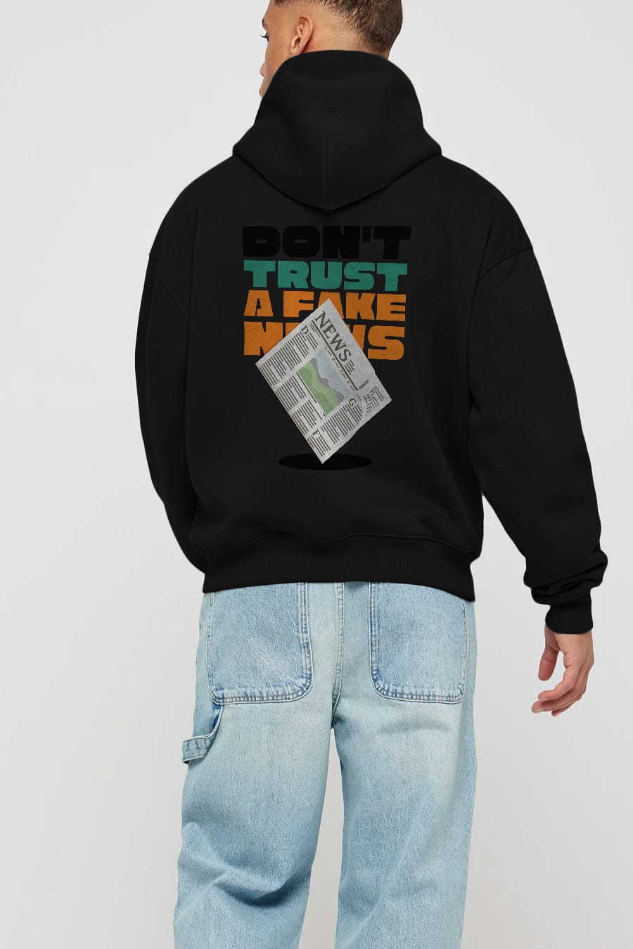 Dont Trust a Fake News Yazılı Arka Baskılı Oversize Hoodie Kapüşonlu Sweatshirt Erkek Kadın Unisex