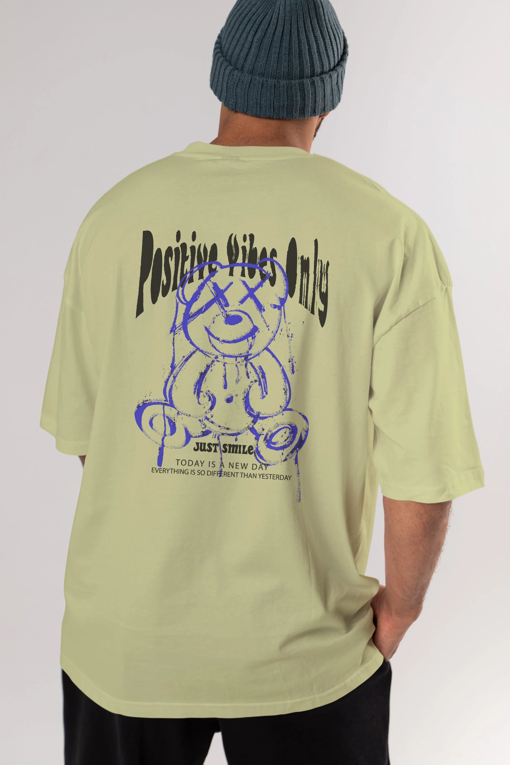 Positive Vibes Only Bear Arka Baskılı Oversize t-shirt Erkek Kadın Unisex
