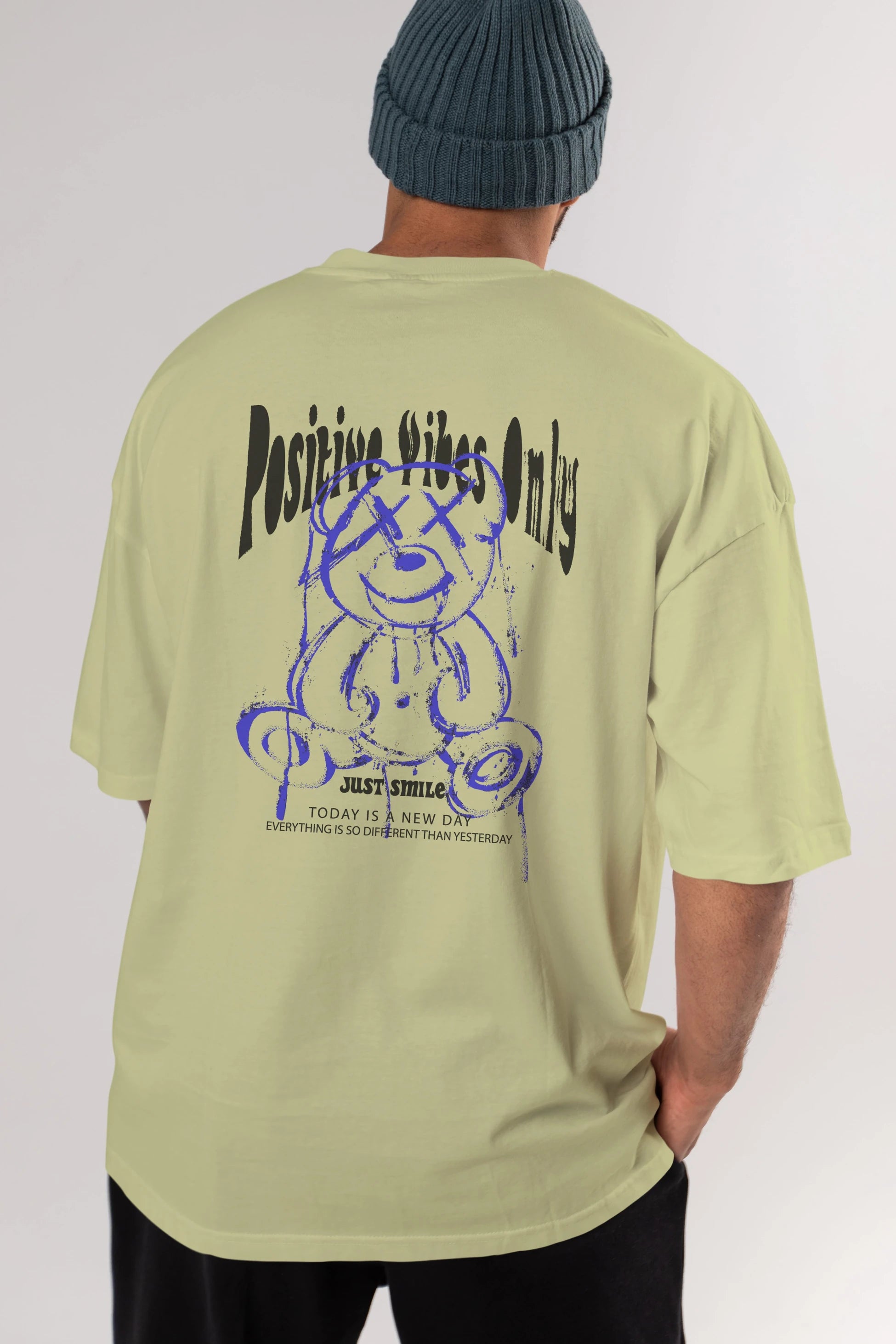 Positive Vibes Only Bear Arka Baskılı Oversize t-shirt Erkek Kadın Unisex