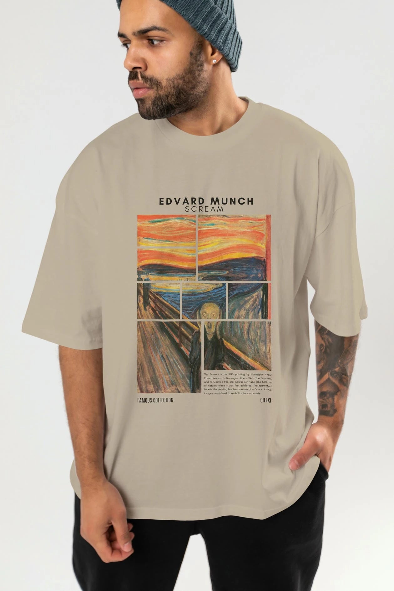 Edvard Munch Scream ön Baskılı Oversize t-shirt Erkek Kadın Bisiklet Yaka Pamuk tişort