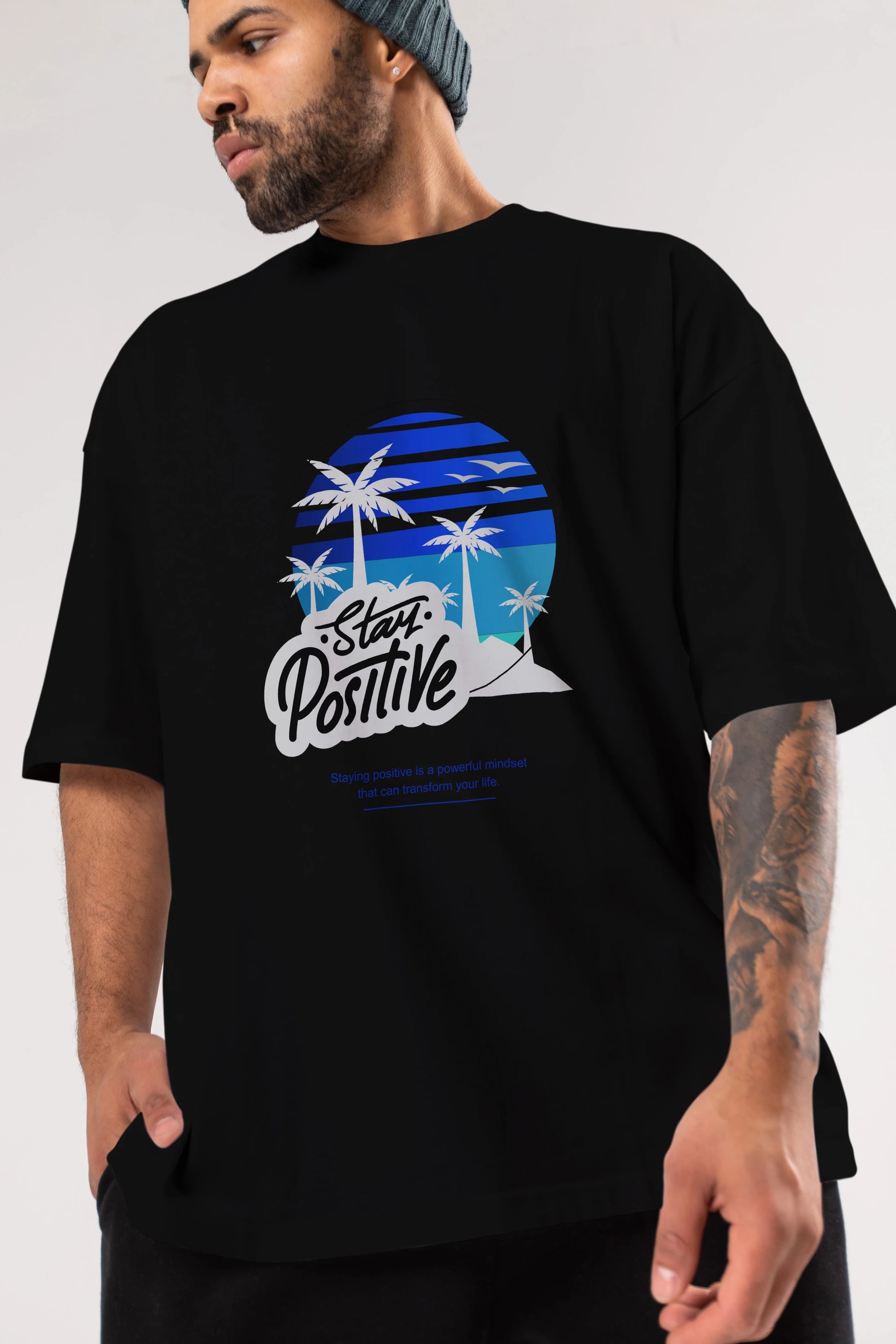 Stay Positive Yazılı Ön Baskılı Oversize t-shirt Erkek Kadın Unisex