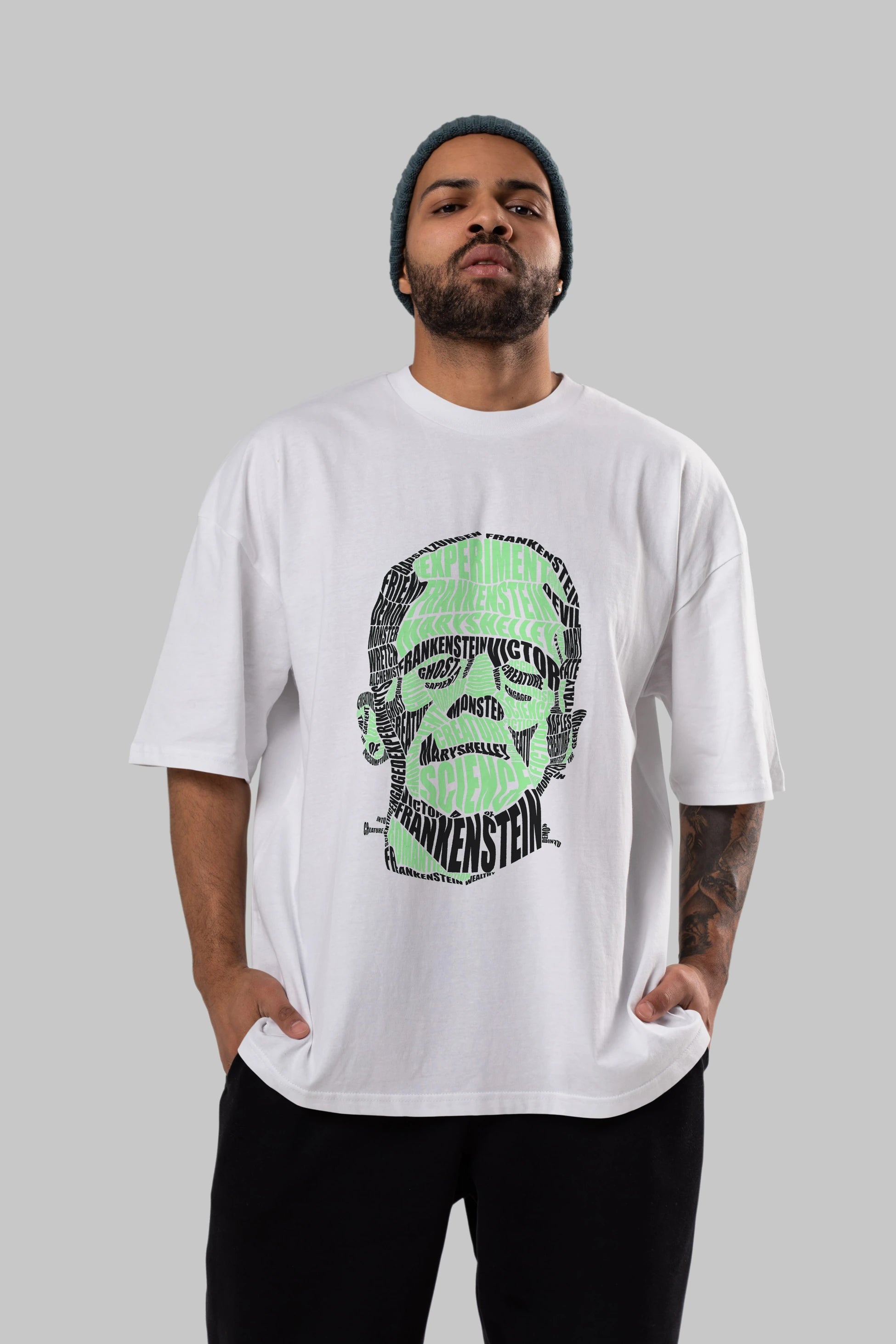 Frankenstein Calligram Ön Baskılı Oversize t-shirt %100 pamuk Erkek Kadın Unisex