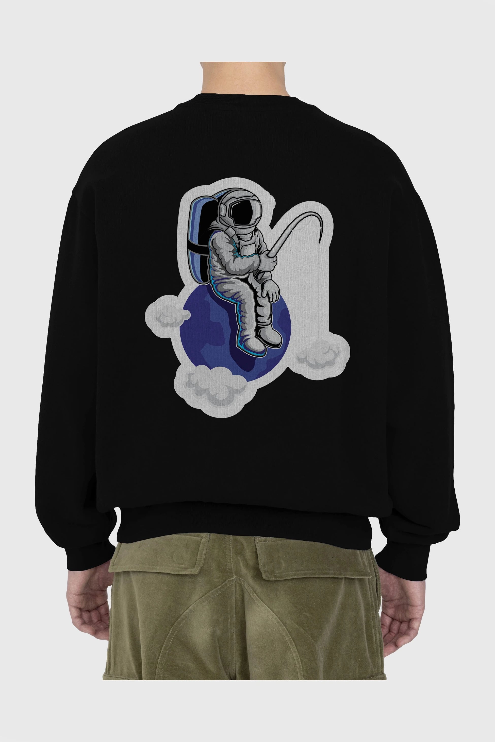 Astronaut Fishing Sticker Arka Baskılı Oversize Sweatshirt Erkek Kadın Unisex