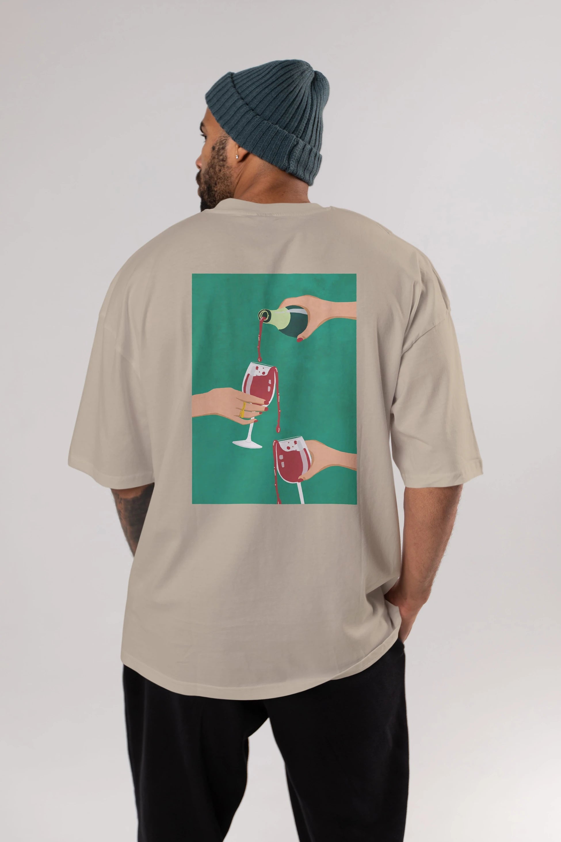 Wine 2 Arka Baskılı Oversize t-shirt Erkek Kadın Unisex %100 Pamuk Bisiklet Yaka tişort