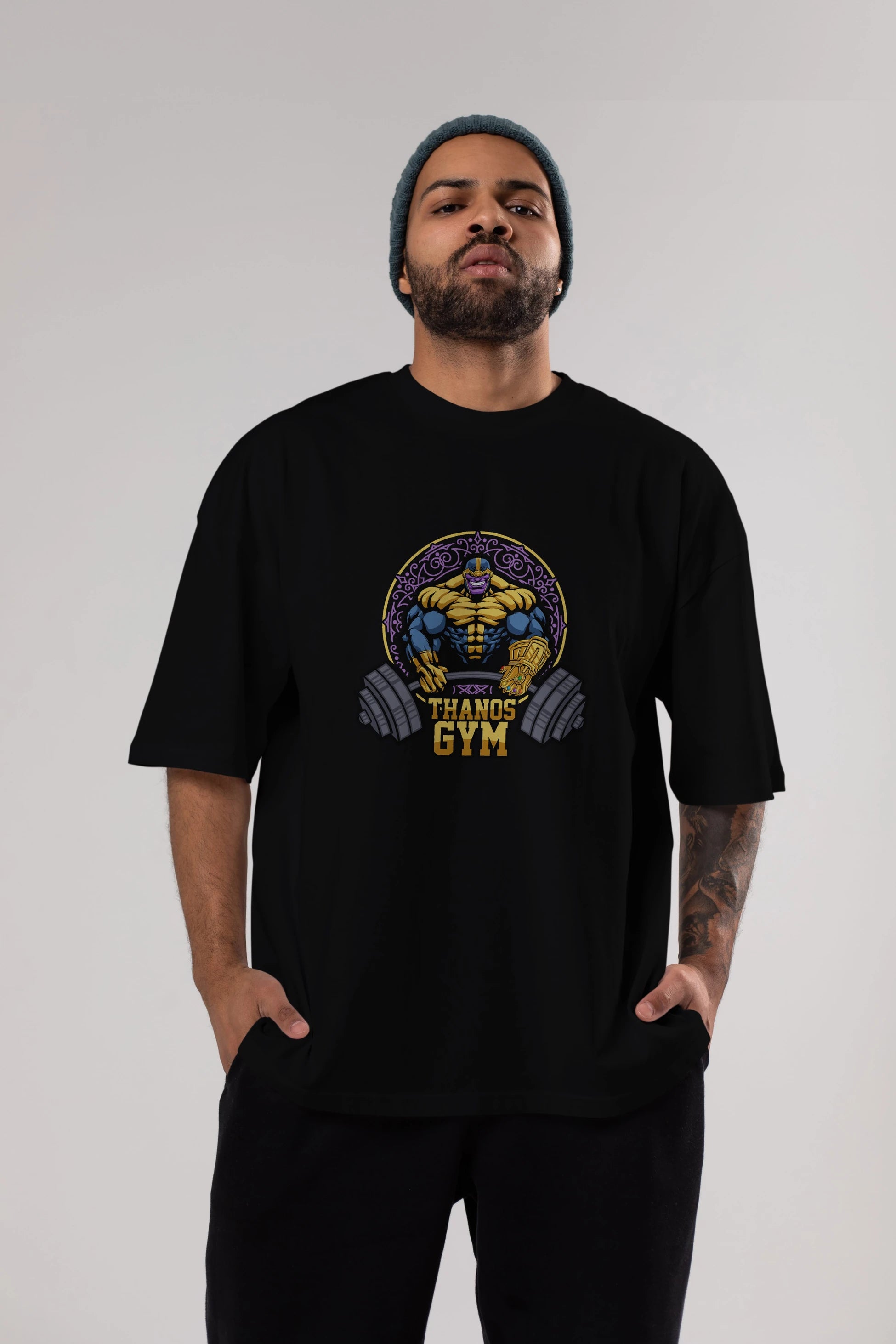 Thanos GYM Ön Baskılı Oversize t-shirt Erkek Kadın Unisex %100 Pamuk Bisiklet Yaka tişort