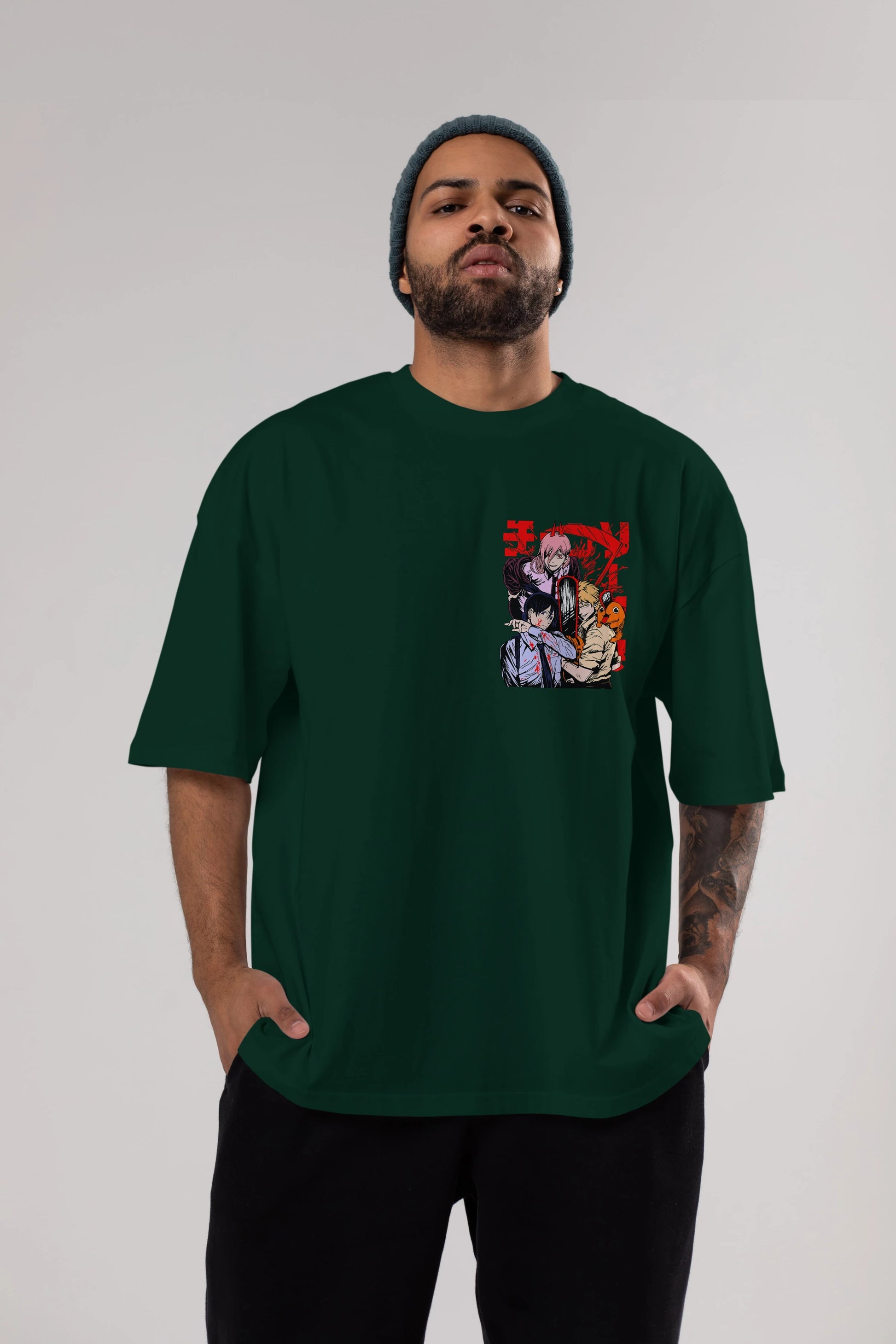CHAINSAWMAN CREW Ön Sol Baskılı Oversize t-shirt Erkek Kadın Unisex %100 Pamuk Bisiklet Yaka tişort