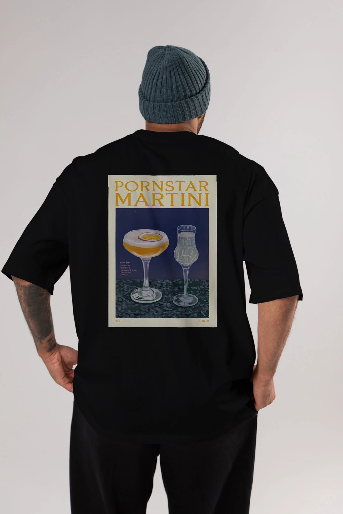 P.rnstar Martini Arka Baskılı Oversize t-shirt Erkek Kadın Unisex %100 Pamuk Bisiklet Yaka tişort
