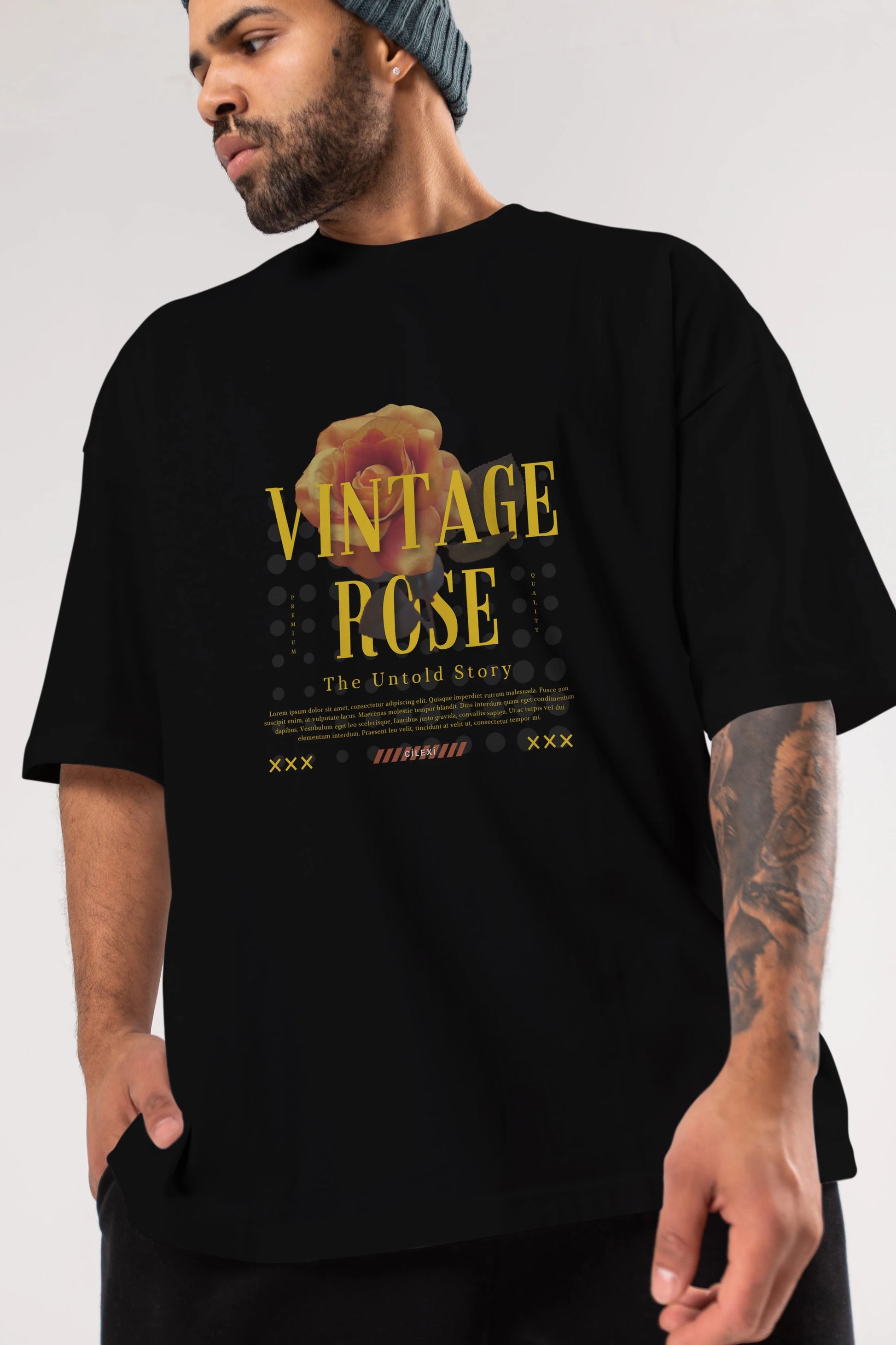 Vintage Rose Yazılı Ön Baskılı Oversize t-shirt Erkek Kadın Unisex