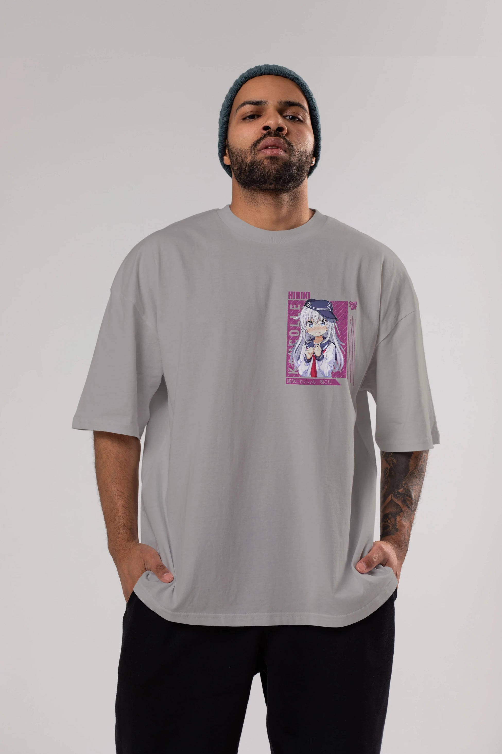 Hibiki 4 Ön Sol Baskılı Oversize t-shirt Erkek Kadın Unisex %100 Pamuk Bisiklet Yaka tişort