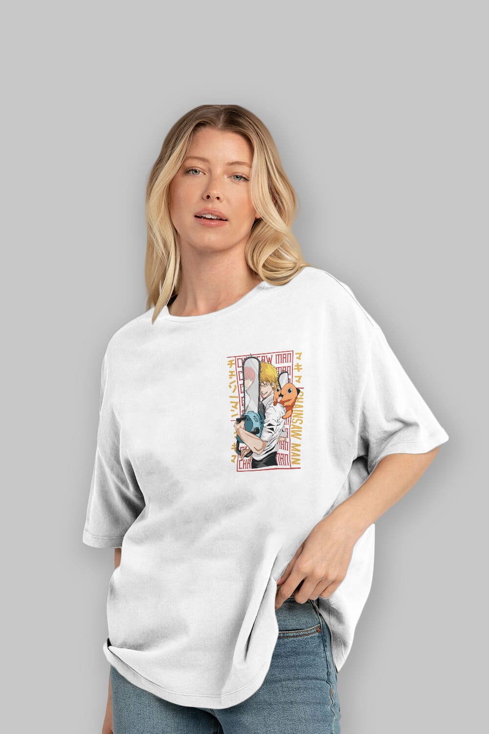 Chainsaw DENJI Ön Sol Baskılı Oversize t-shirt Erkek Kadın Unisex %100 Pamuk Bisiklet Yaka tişort