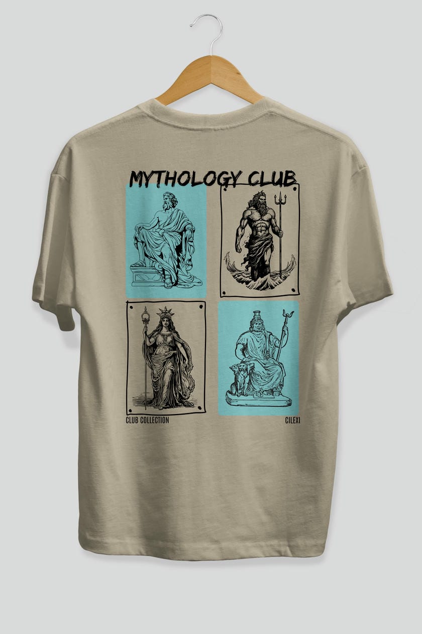 Mythology Club Arka Baskılı Oversize t-shirt Erkek Kadın %100 Pamuk Bisiklet Yaka tişort