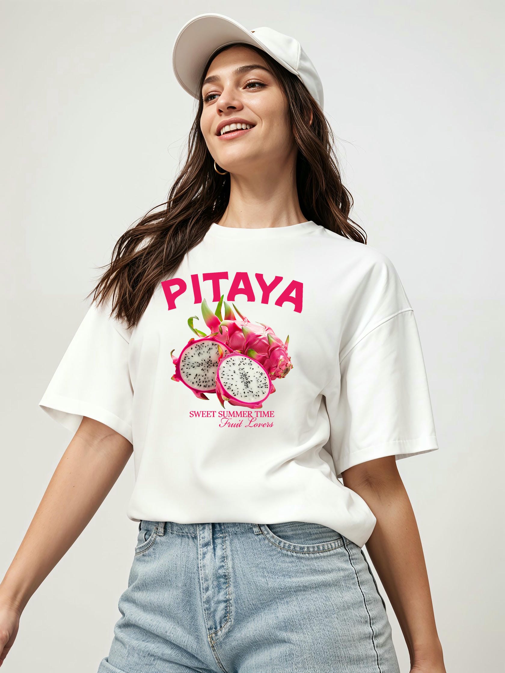 Pitaya Ön Baskılı Oversize t-shirt Erkek Kadın Pamuk Bisiklet Yaka tişort
