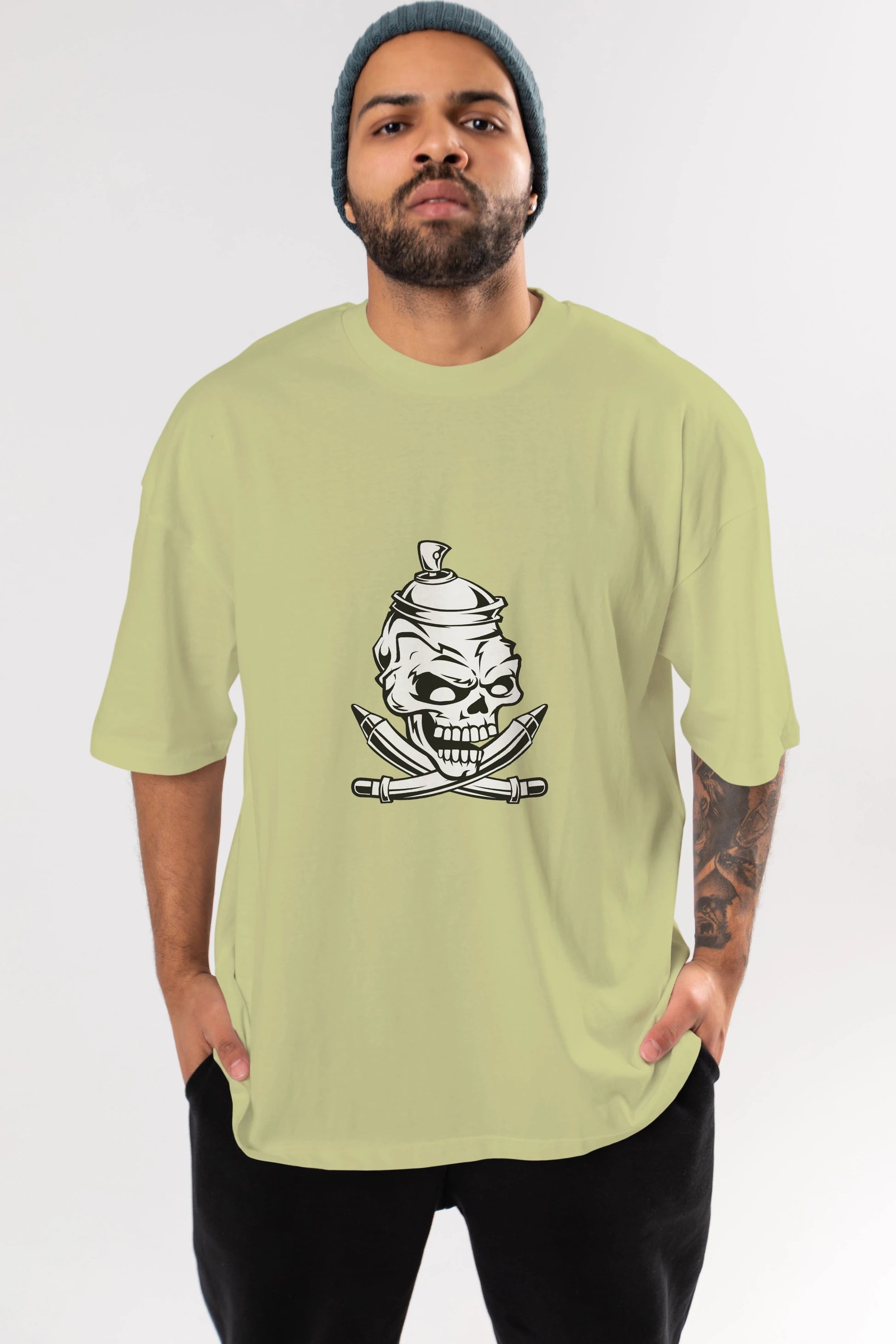 Skull Grafity Ön Baskılı Oversize t-shirt Erkek Kadın Unisex %100 Pamuk tişort