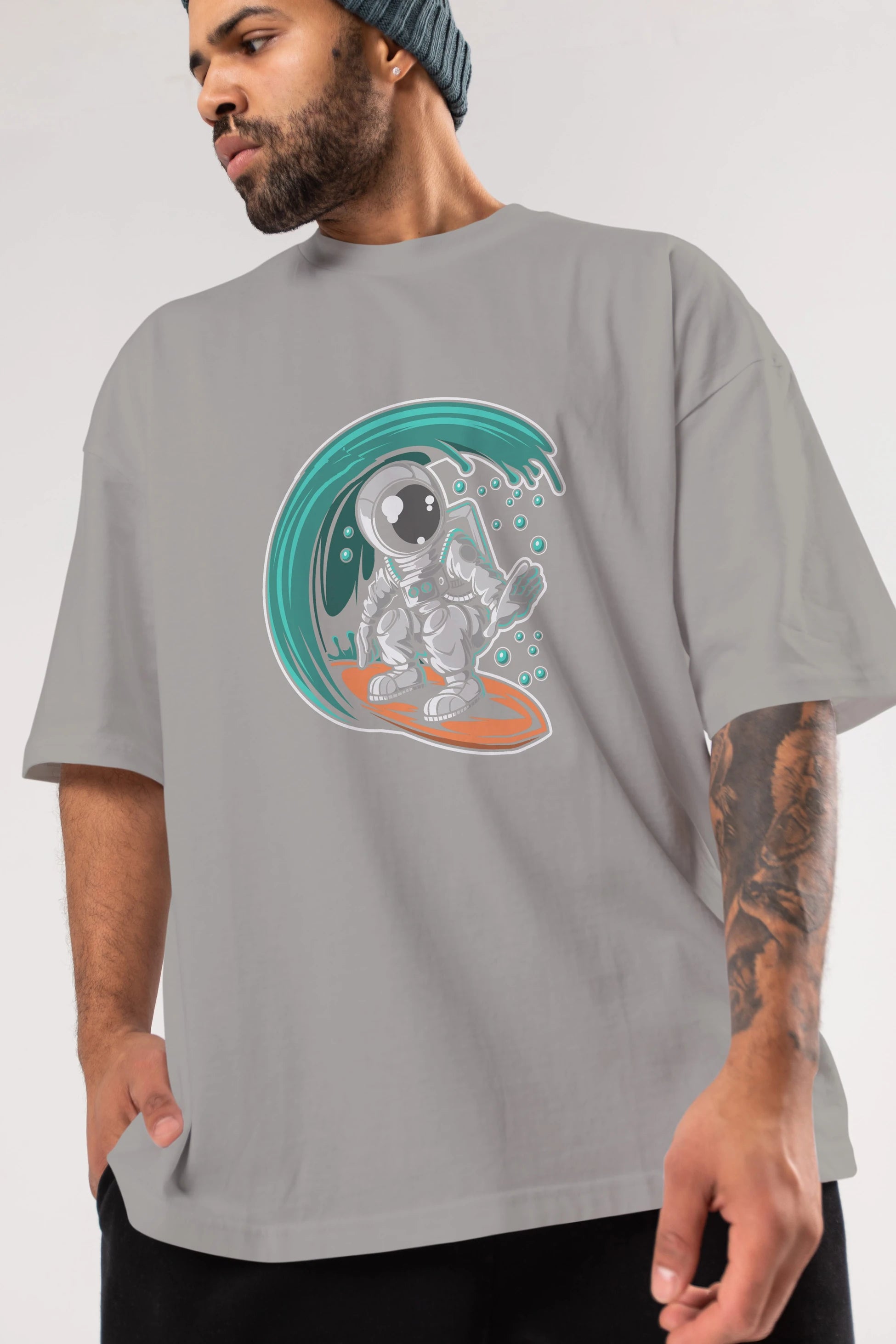 Astronaut Surfing Ön Baskılı Oversize t-shirt Erkek Kadın Unisex