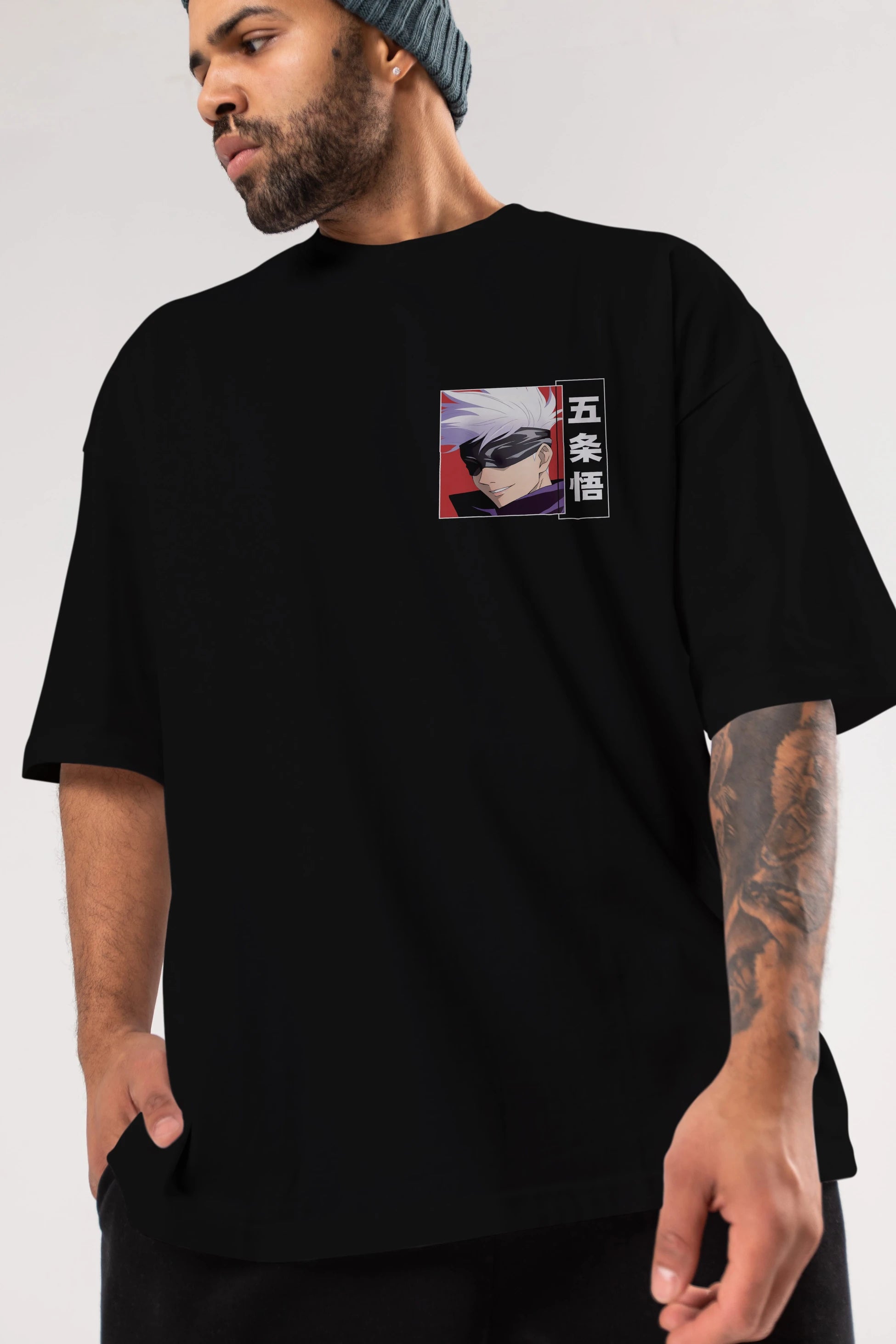 SATORU GOJO Ön Sol Baskılı Oversize t-shirt Erkek Kadın Unisex %100 Pamuk Bisiklet Yaka tişort