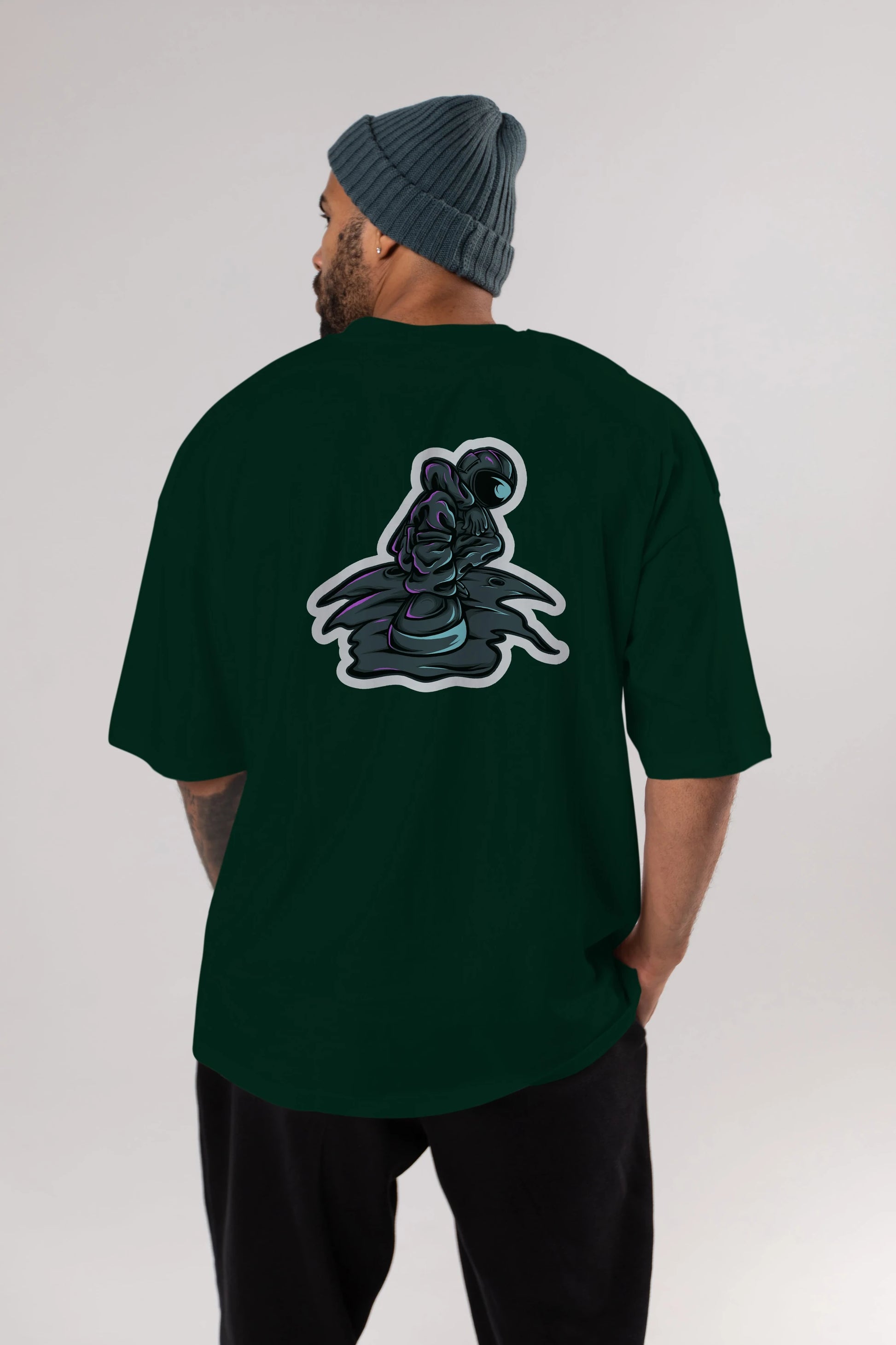 Stylish Astronaut Sticker Arka Baskılı Oversize t-shirt Erkek Kadın Unisex