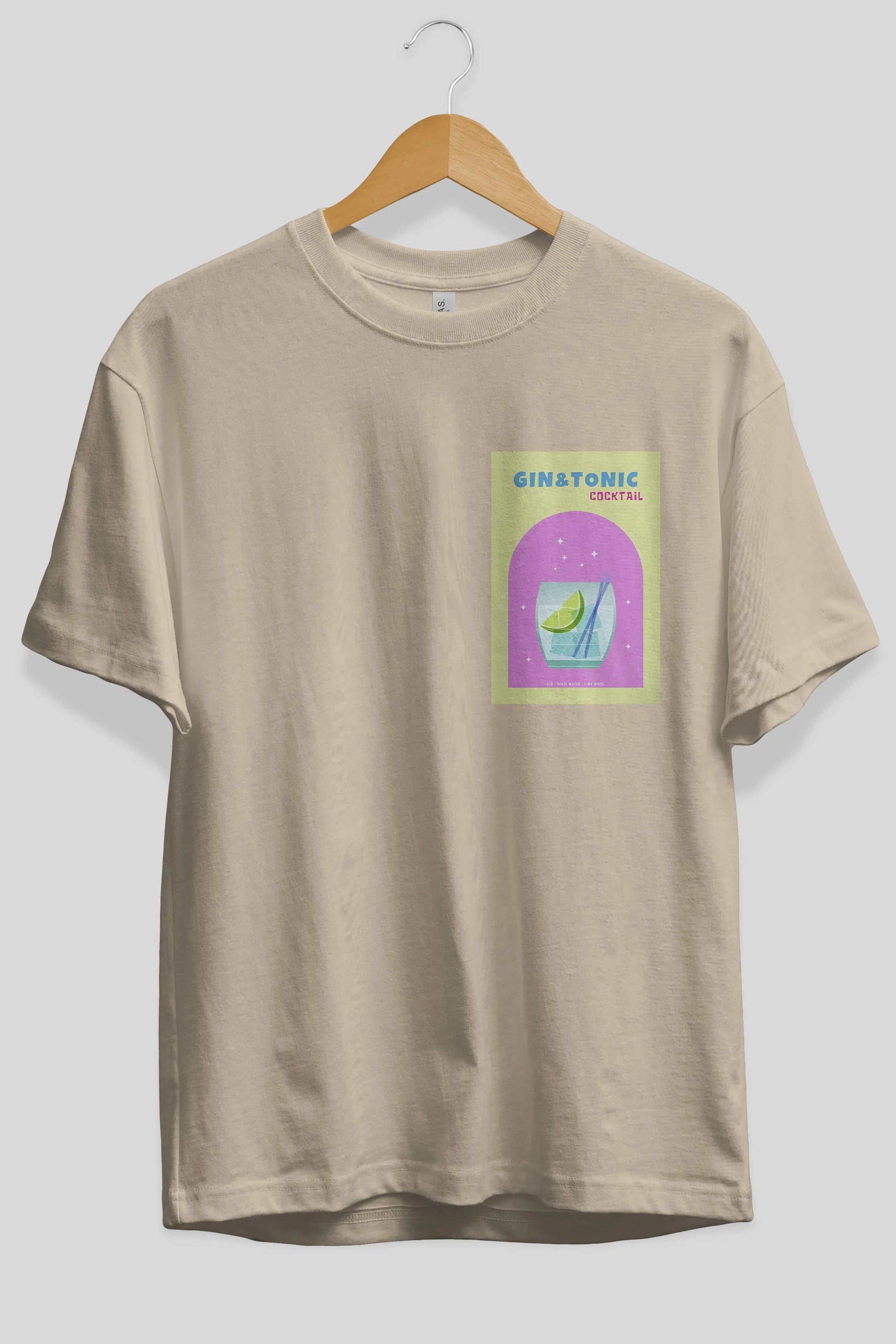Gin Tonic Cocktail Ön Sol Baskılı Oversize t-shirt Erkek Kadın Unisex %100 Pamuk Bisiklet Yaka tişort