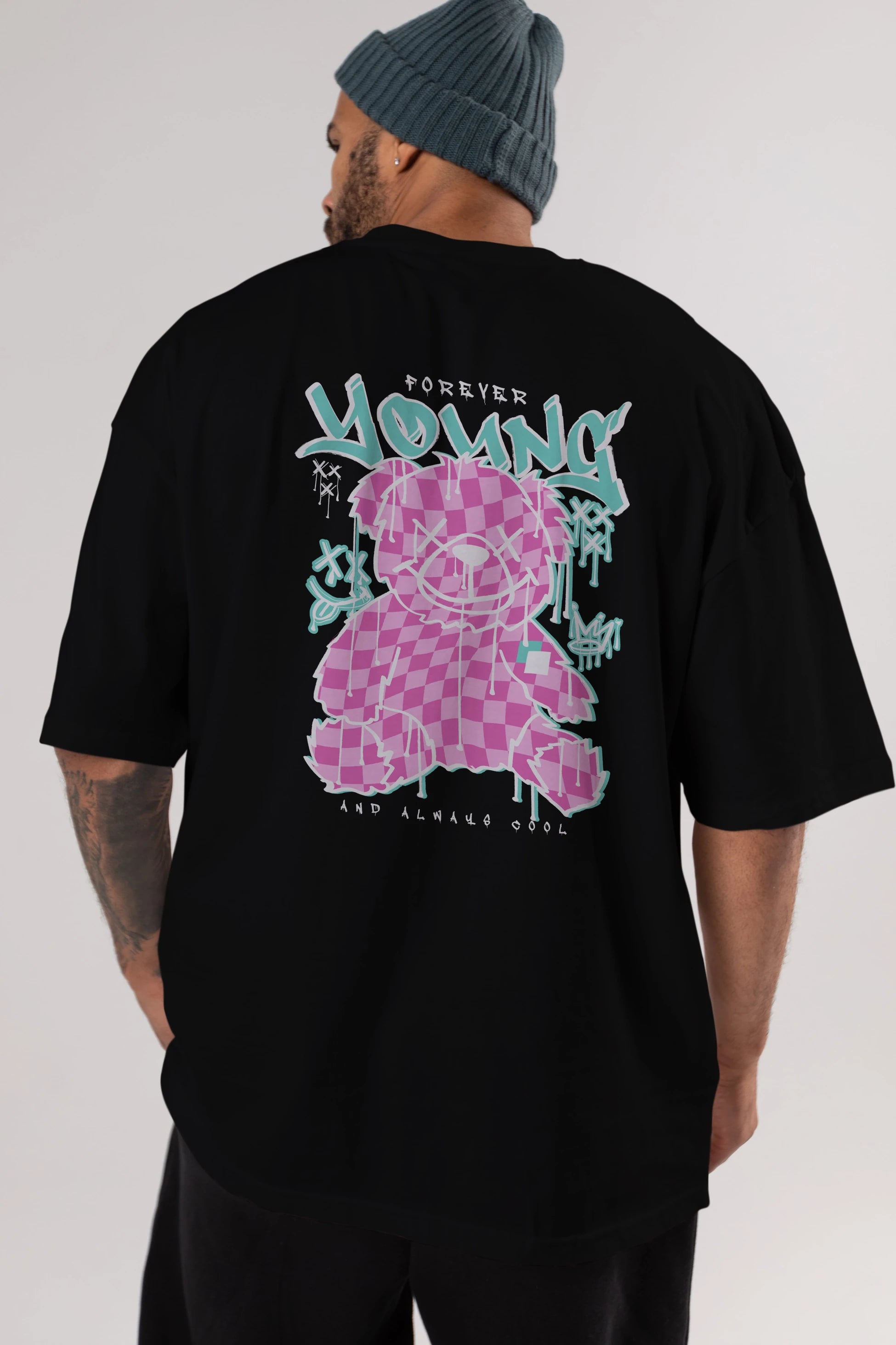 Young and Always Cool Bear Arka Baskılı Oversize t-shirt Erkek Kadın Unisex