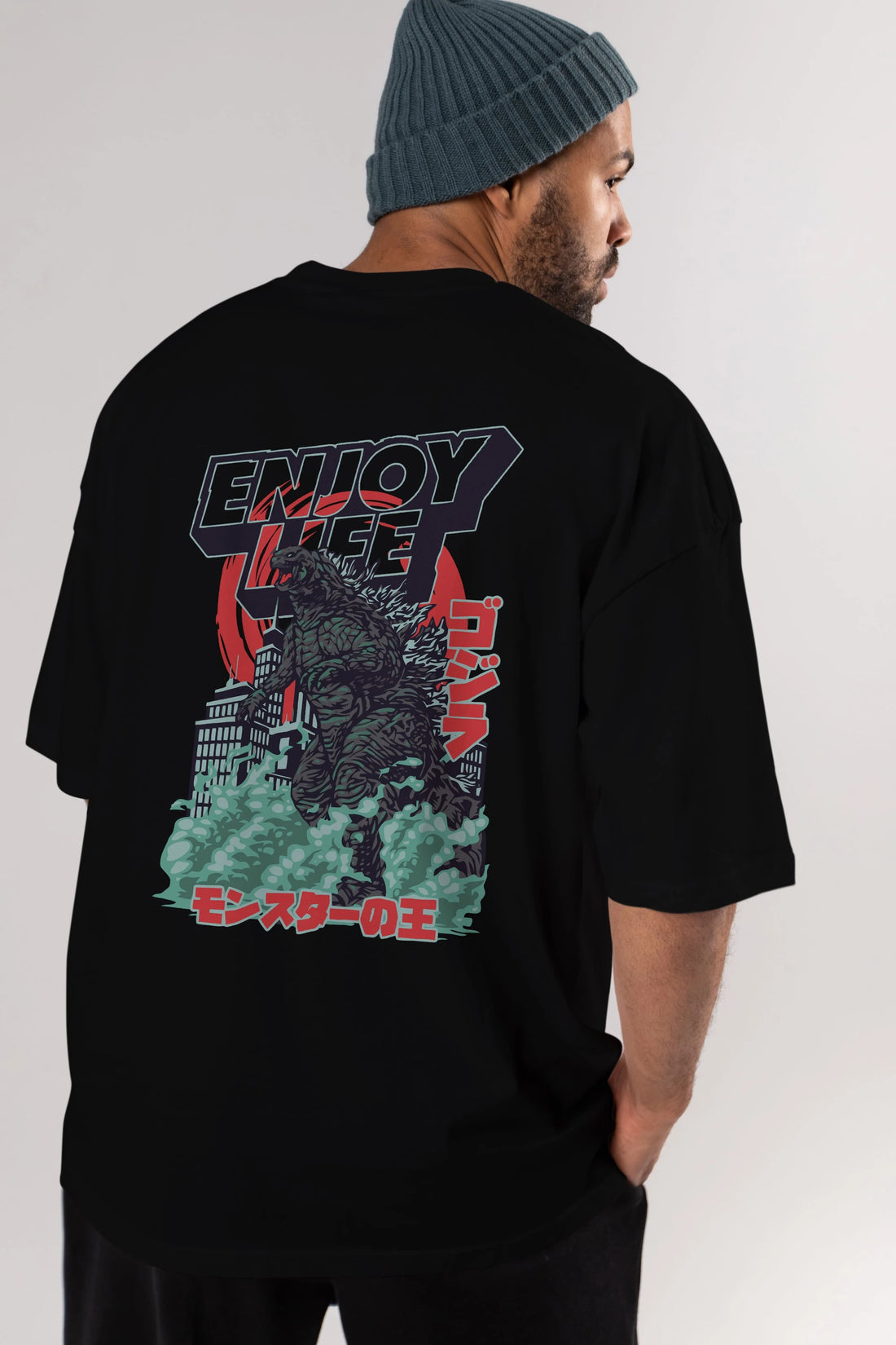 Godzilla Arka Baskılı Oversize t-shirt Erkek Kadın Unisex %100 Pamuk Bisiklet Yaka tişort