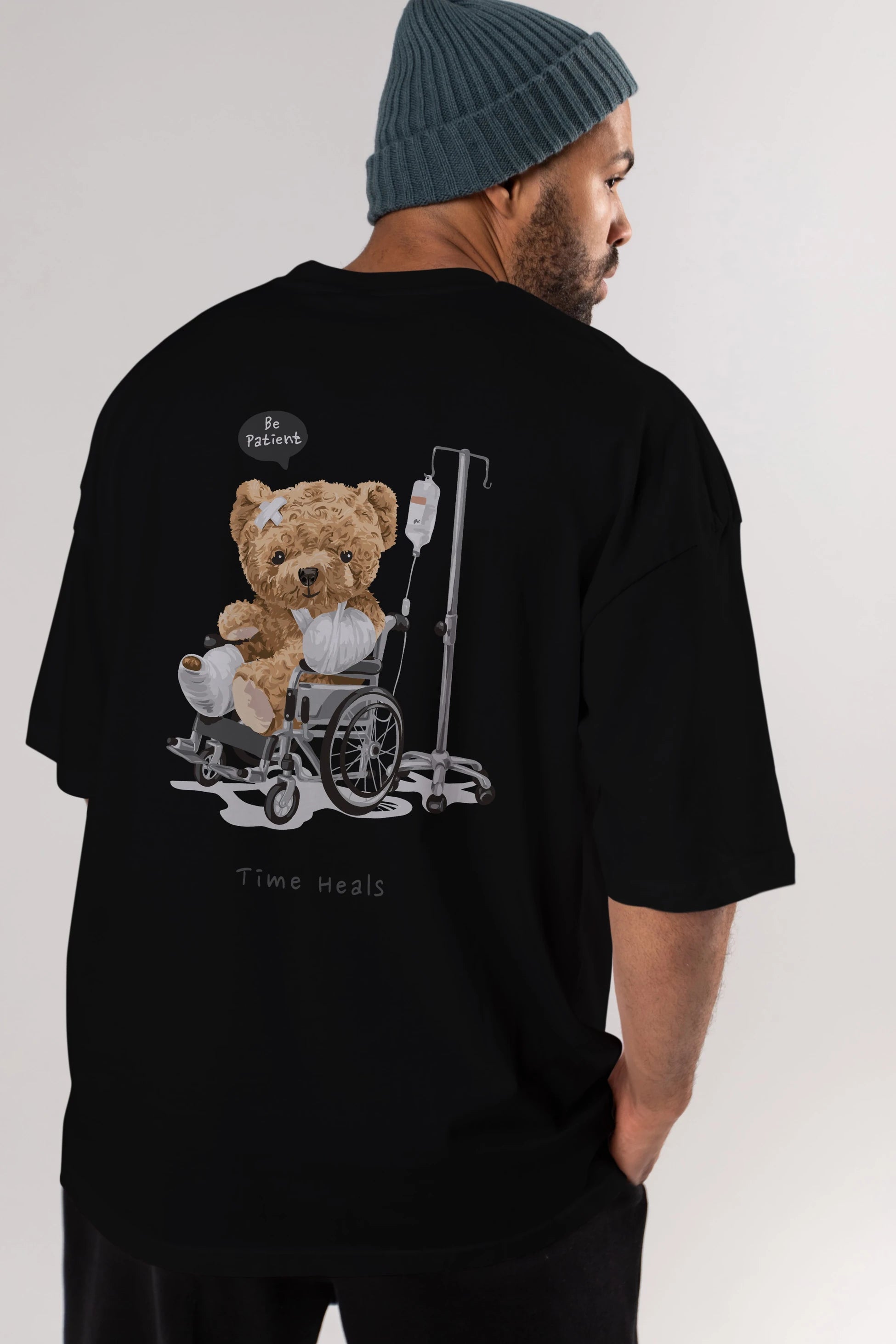 Teddy Bear Time Heals Arka Baskılı Oversize t-shirt Erkek Kadın Unisex %100 Pamuk