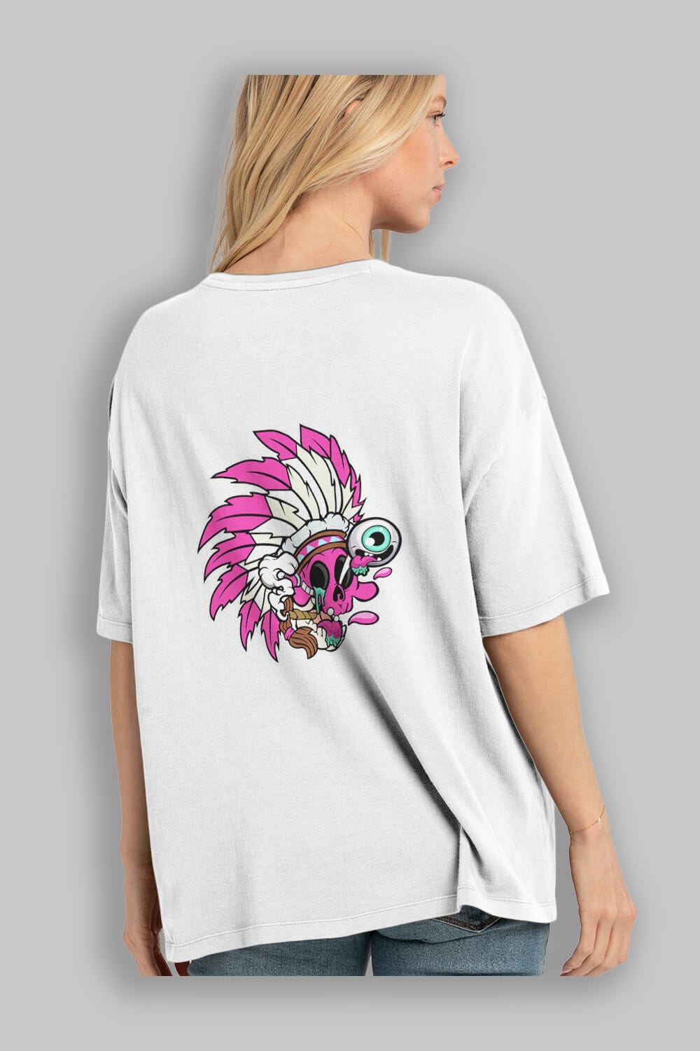 Skull Indian Arka Baskılı Oversize t-shirt Erkek Kadın Unisex %100 Pamuk tişort