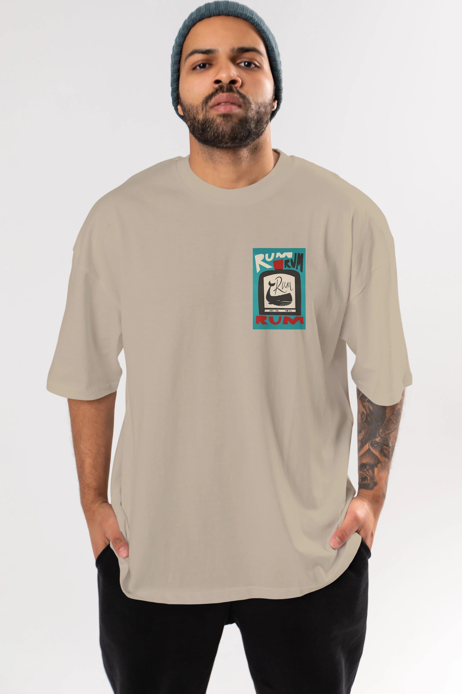 Rum Ön Sol Baskılı Oversize t-shirt Erkek Kadın Unisex %100 Pamuk Bisiklet Yaka tişort