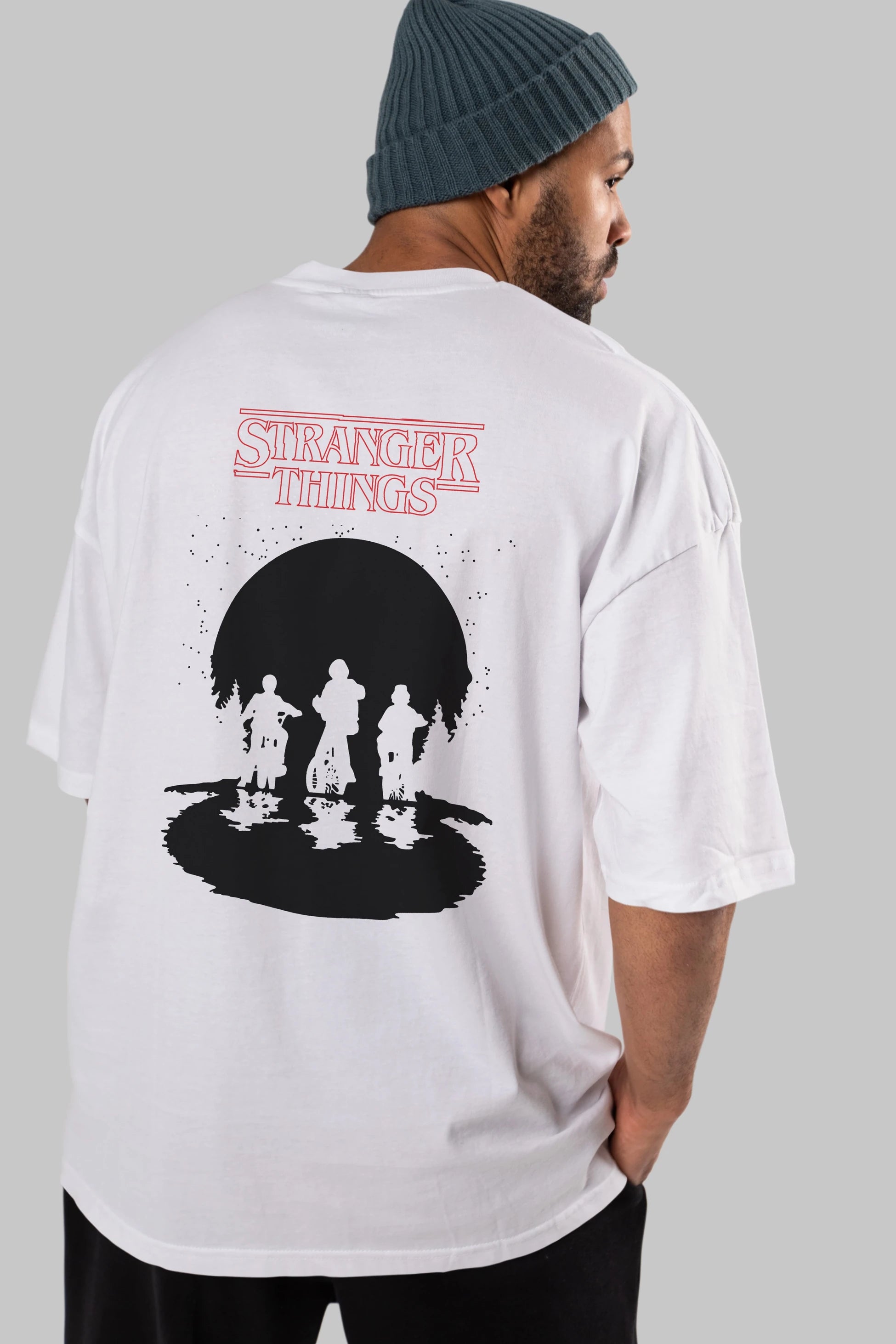 Stranger Things Arka Baskılı Oversize t-shirt Erkek Kadın Unisex %100 Pamuk Bisiklet Yaka tişort
