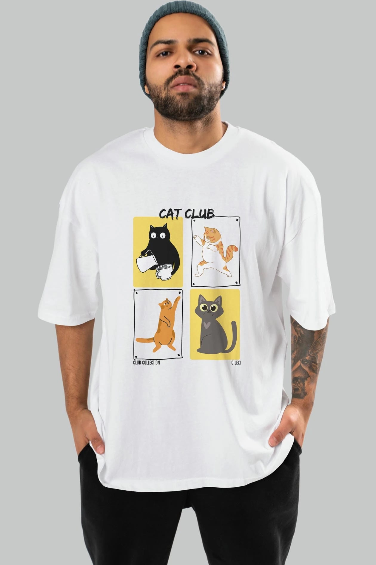 Cat Club ön Baskılı Oversize t-shirt Erkek Kadın %100 Pamuk Bisiklet Yaka tişort