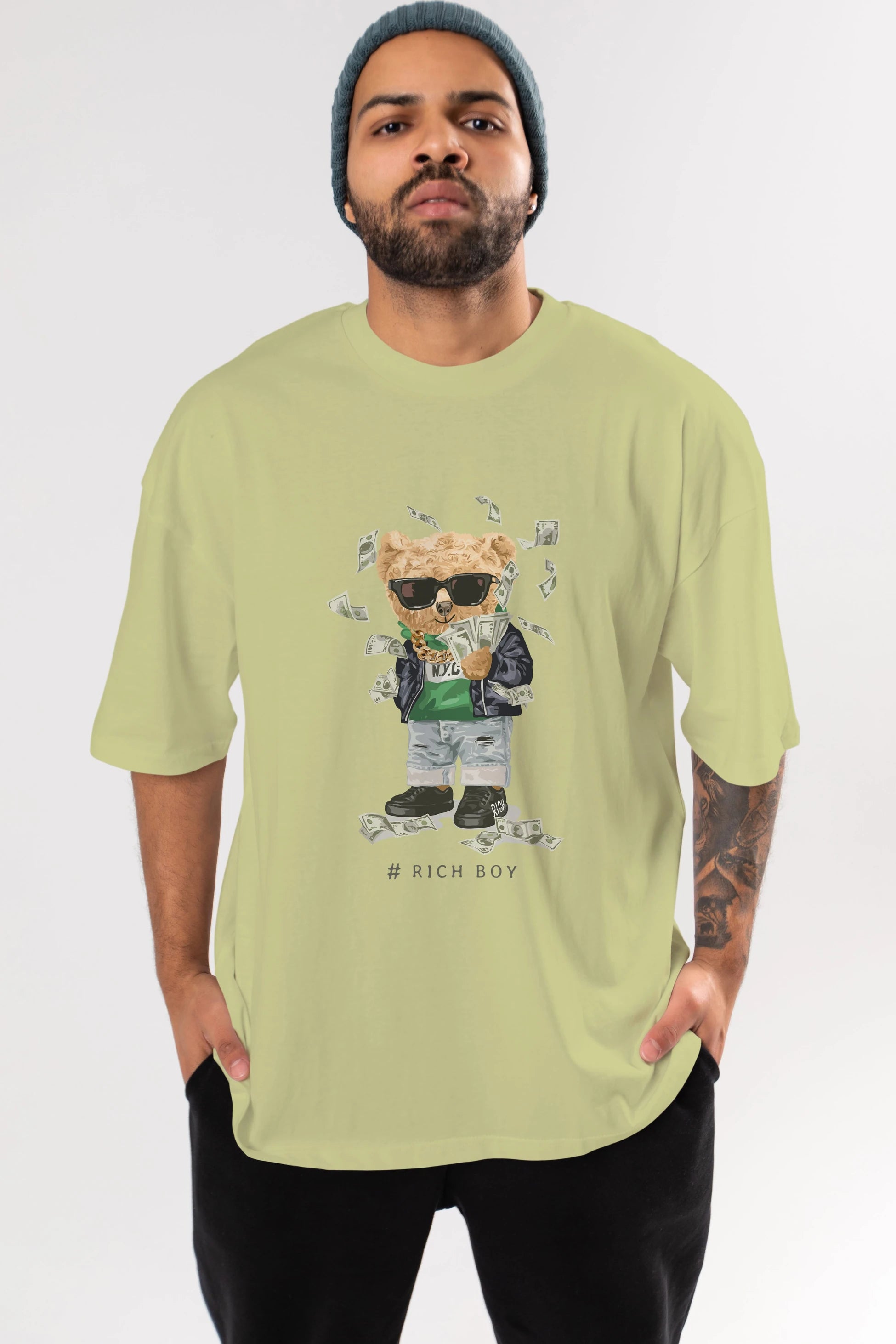 Teddy Bear Rich Boy Ön Baskılı Oversize t-shirt Erkek Kadın Unisex %100 Pamuk